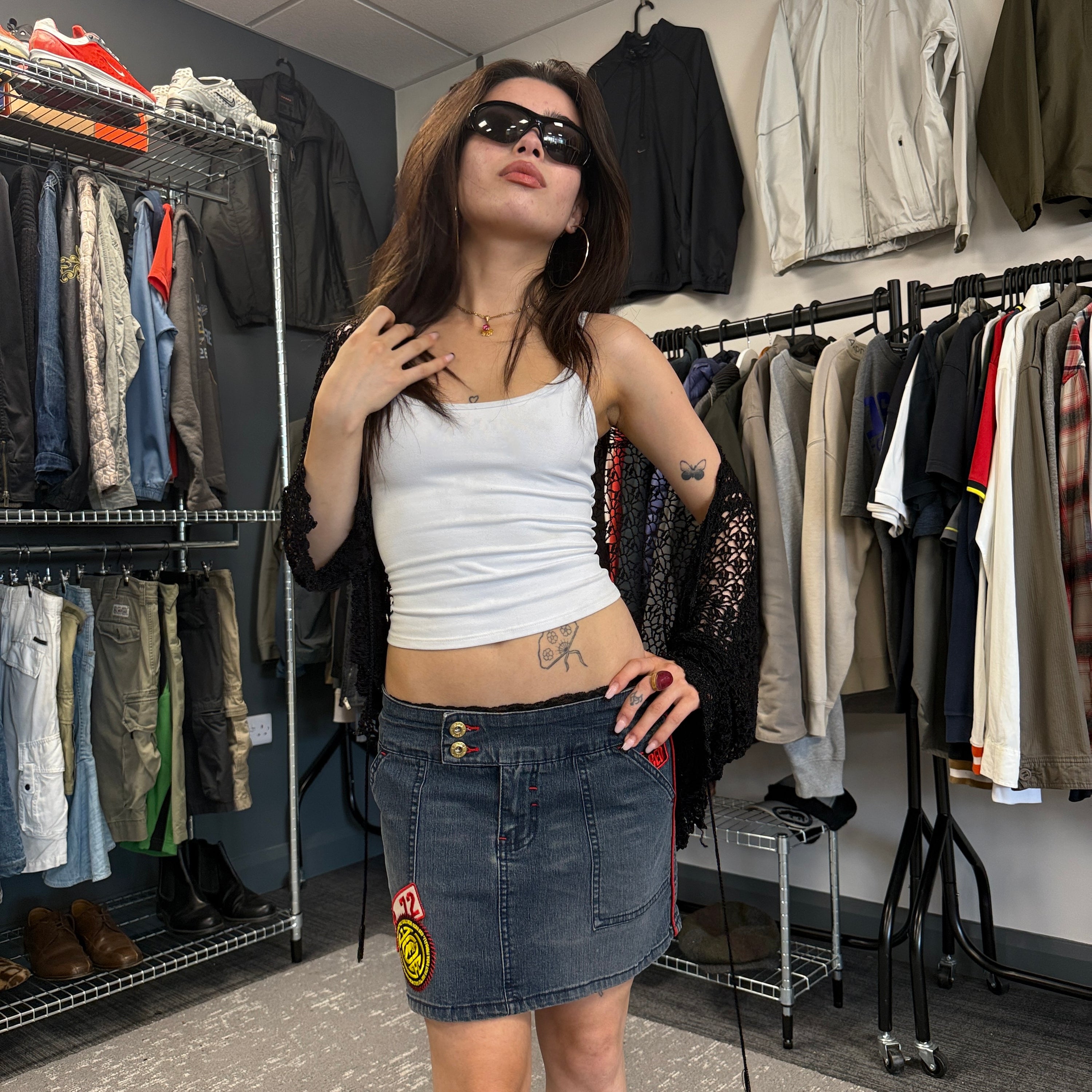 Ecko 2000's technical embroidered denim mini skirt (S)