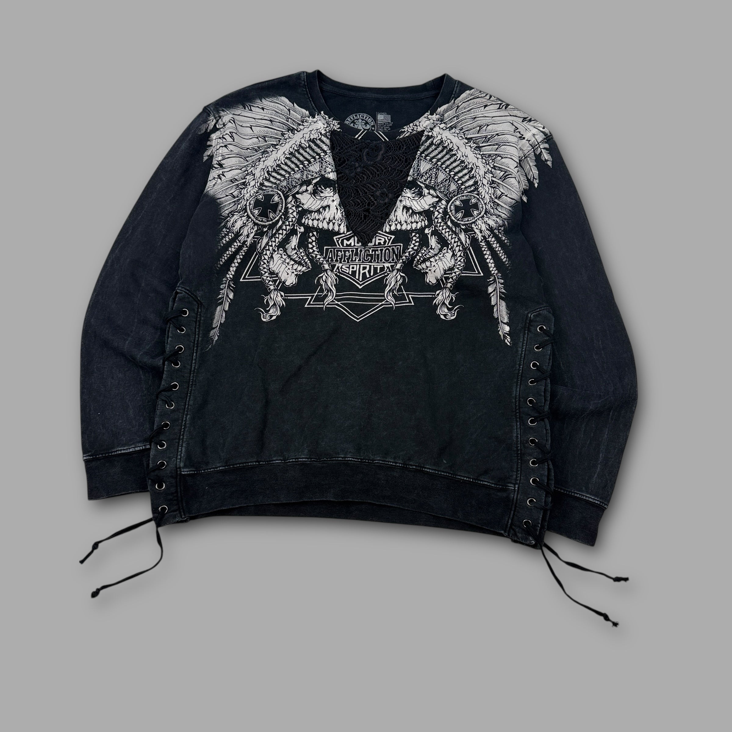 Affliction 2000's graphic lace up pullover sweatshirt (L) wms