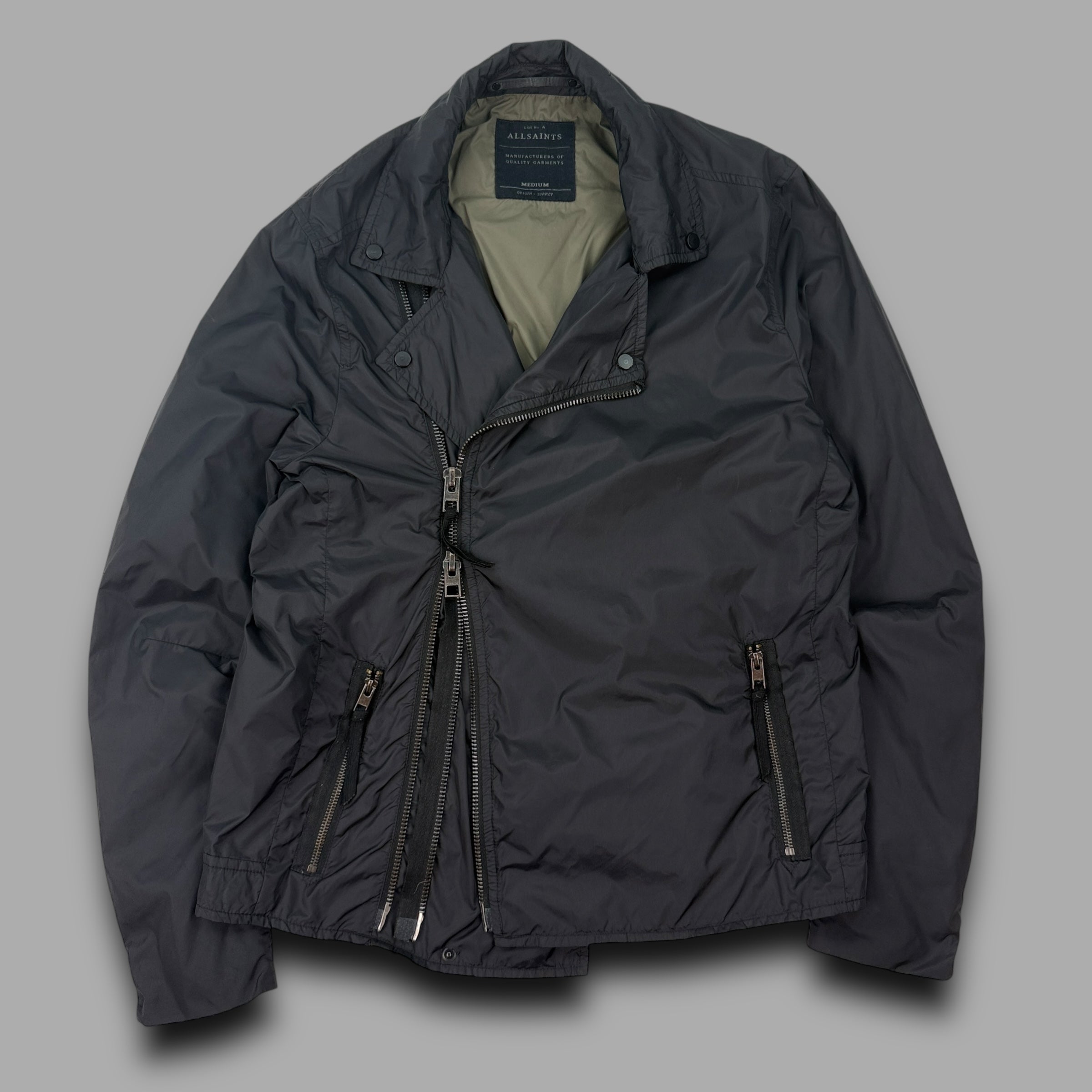 Allsaints 2000's technical dual asymmetrical zip nylon shell jacket (M)