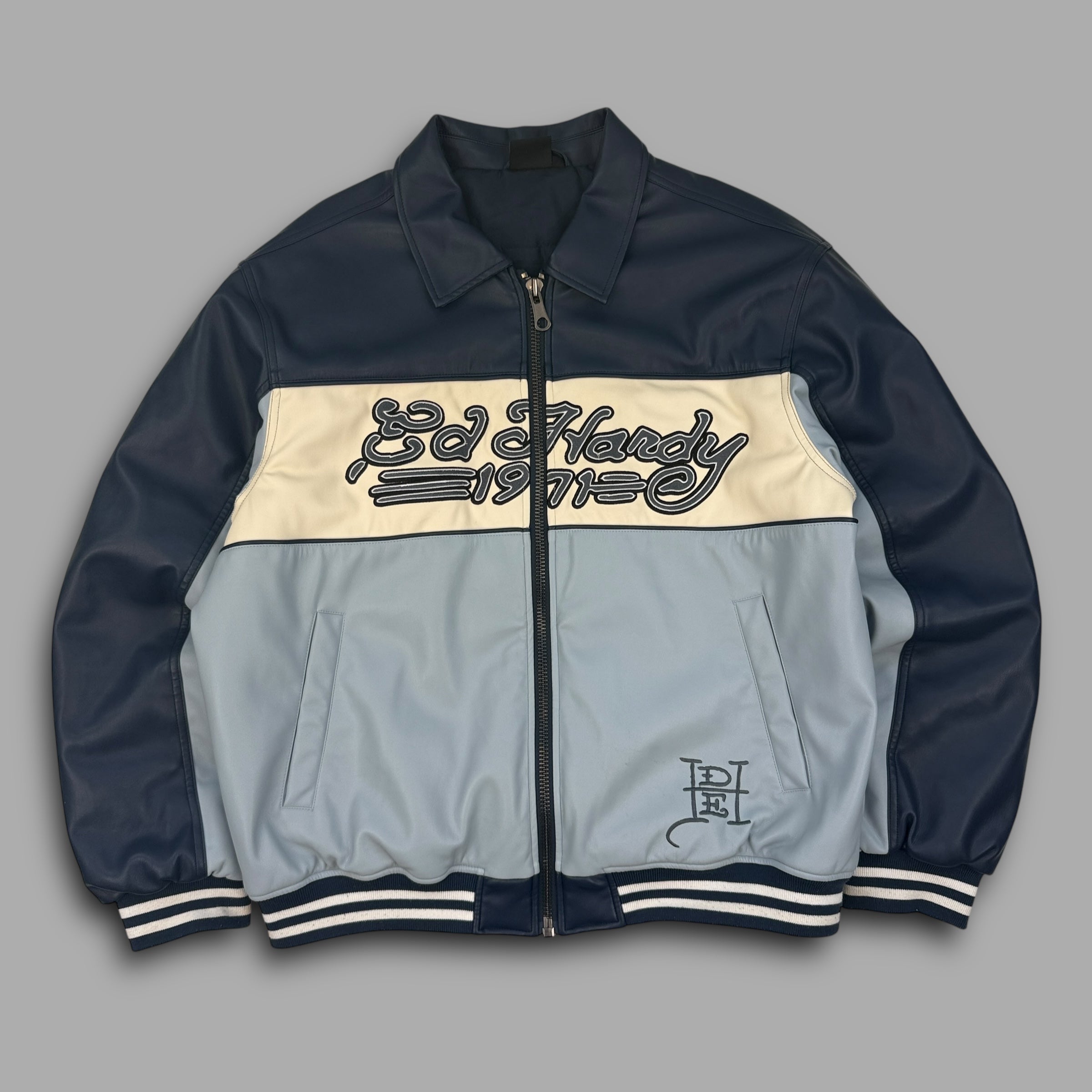 Ed hardy x urban zip up faux leather bomber jacket (XL)