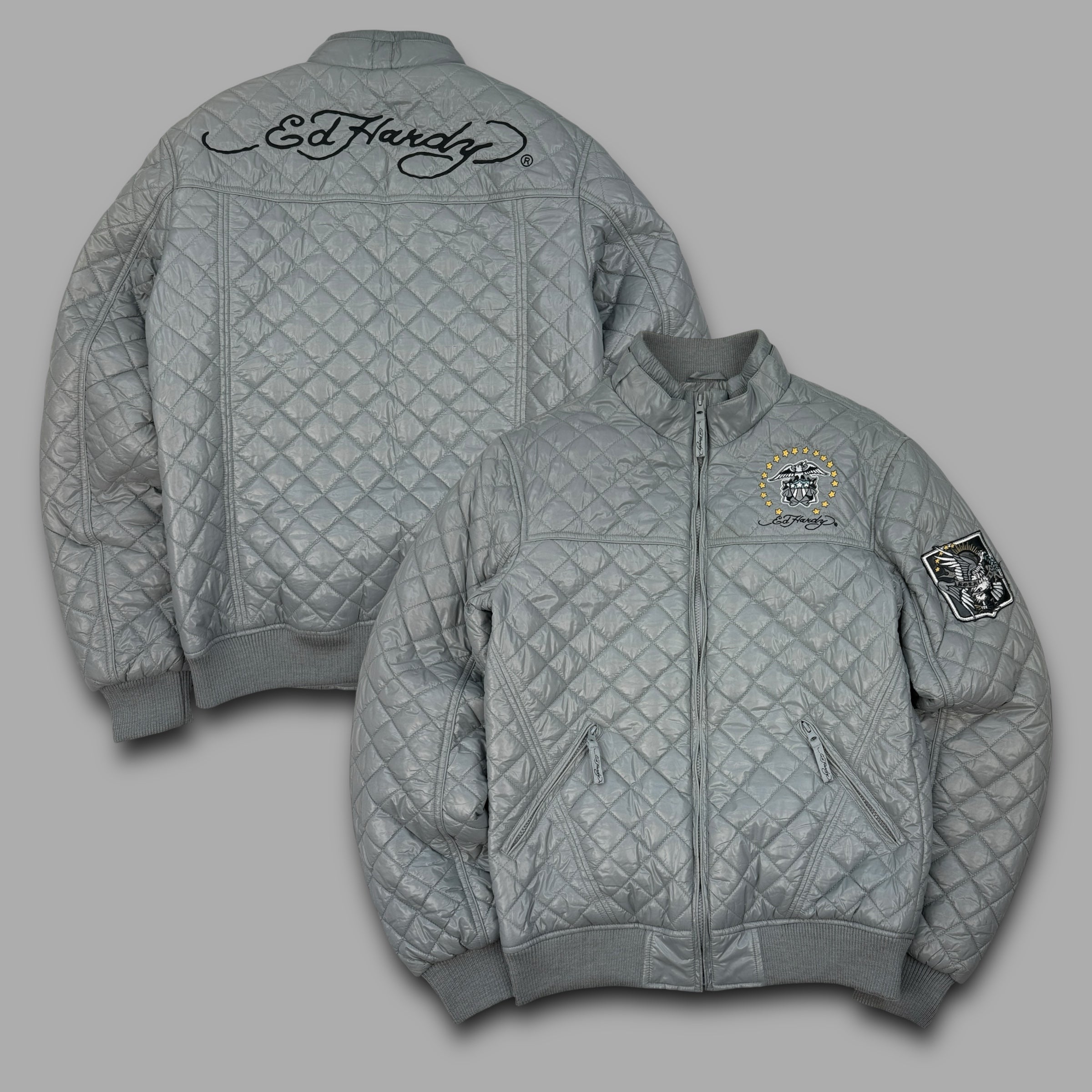 Ed hardy 2000's diamond stitch graphic quilted puffer jacket (M)