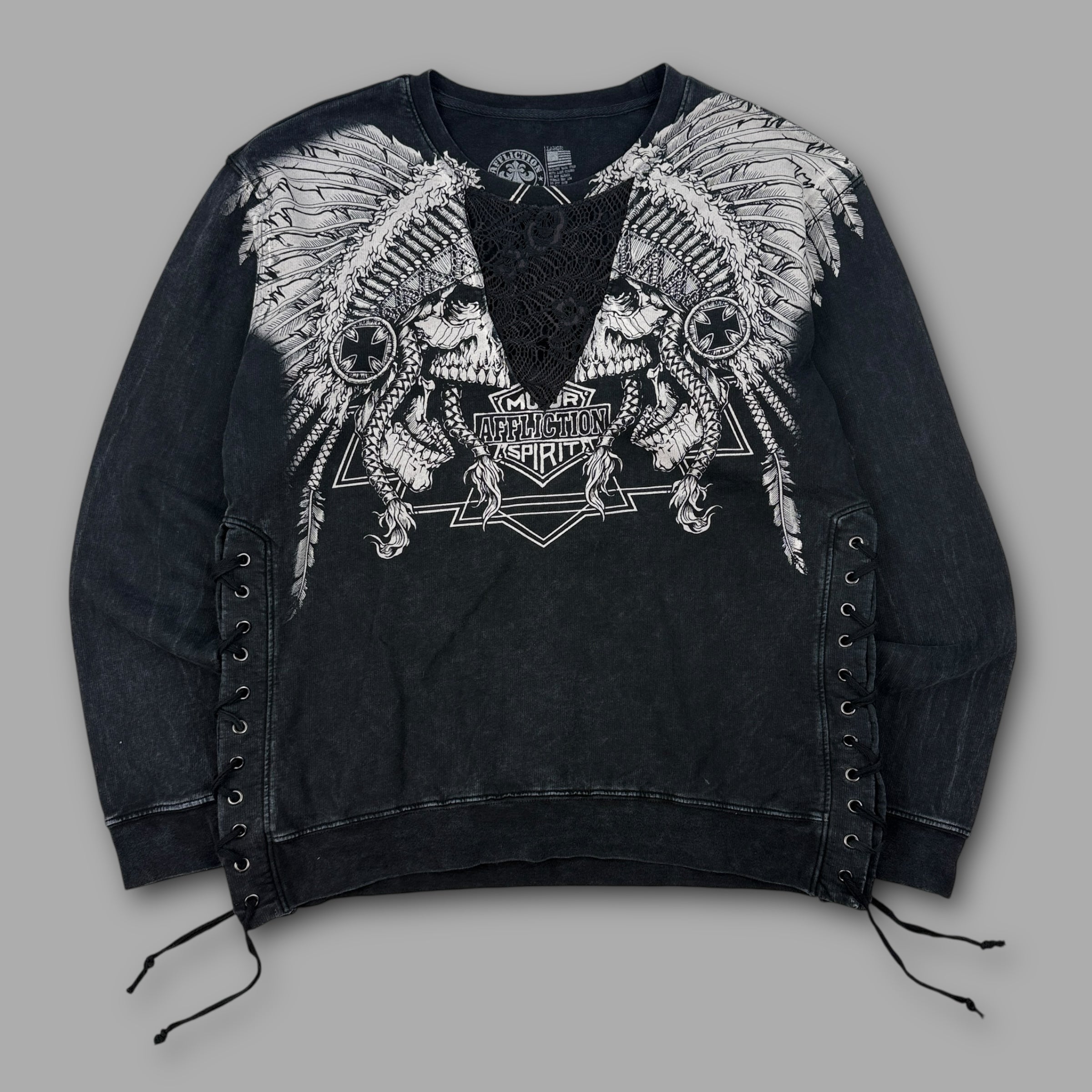 Affliction 2000's graphic lace up pullover sweatshirt (L) wms