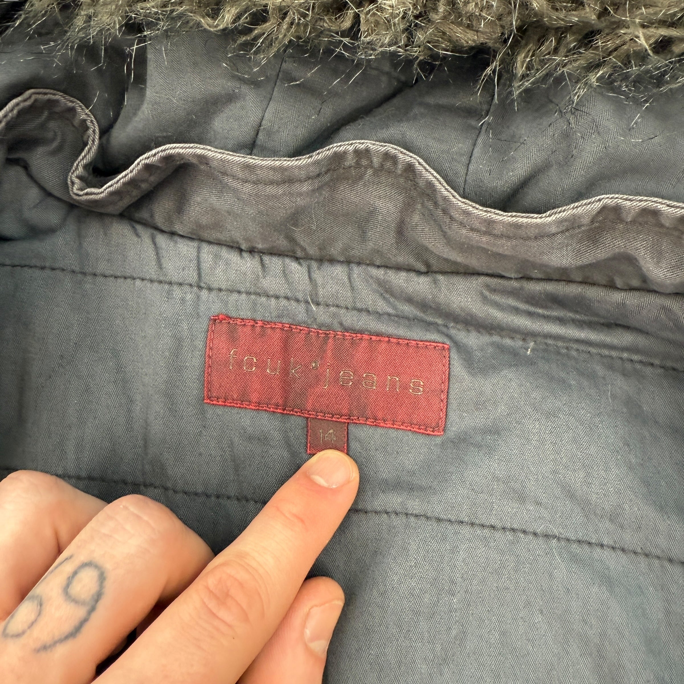 Fcuk jeans 2000's technical asymmetrical zip fur hood jacket (XL) wms