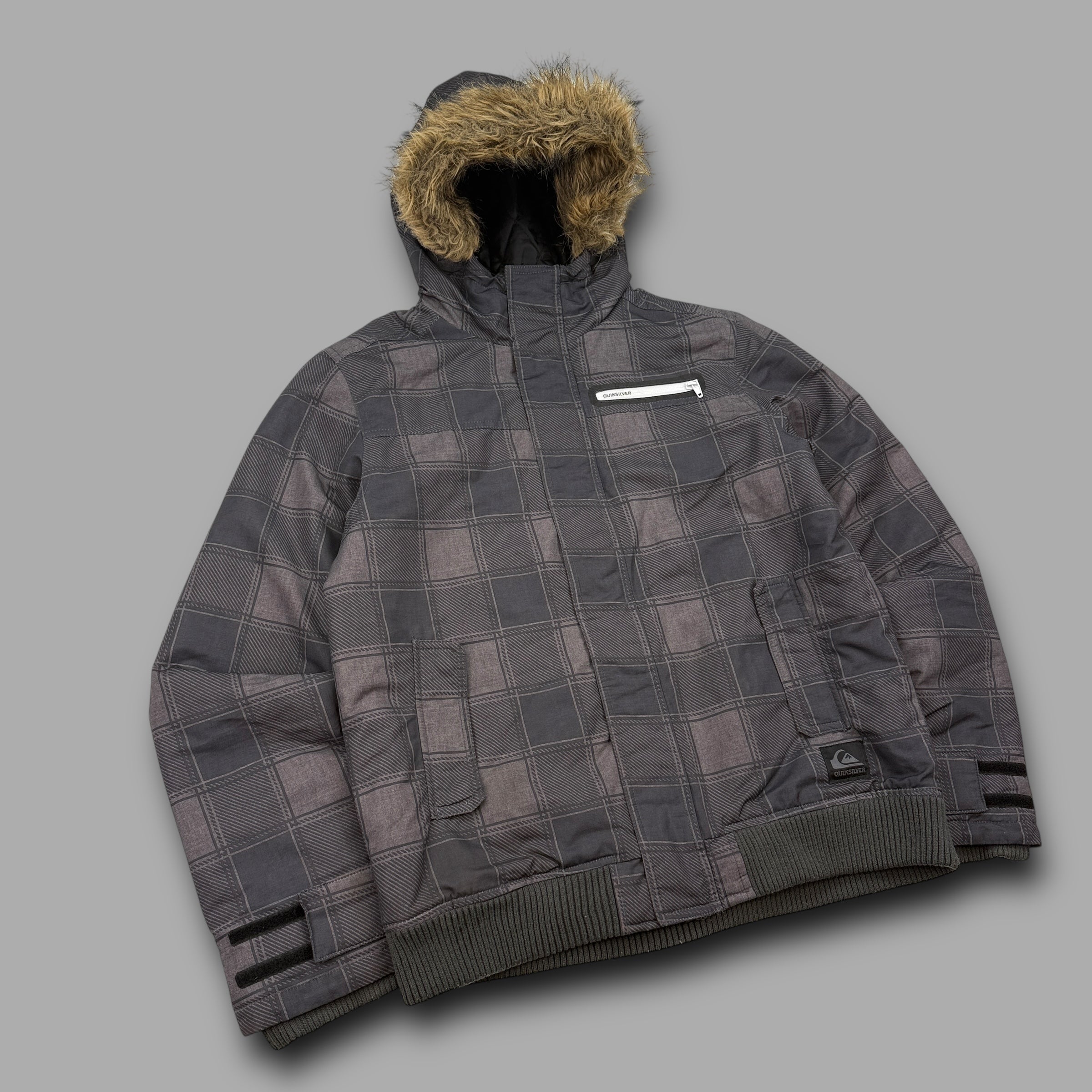 Quiksilver 2000's technical plaid fur hood bomber style jacket (S)