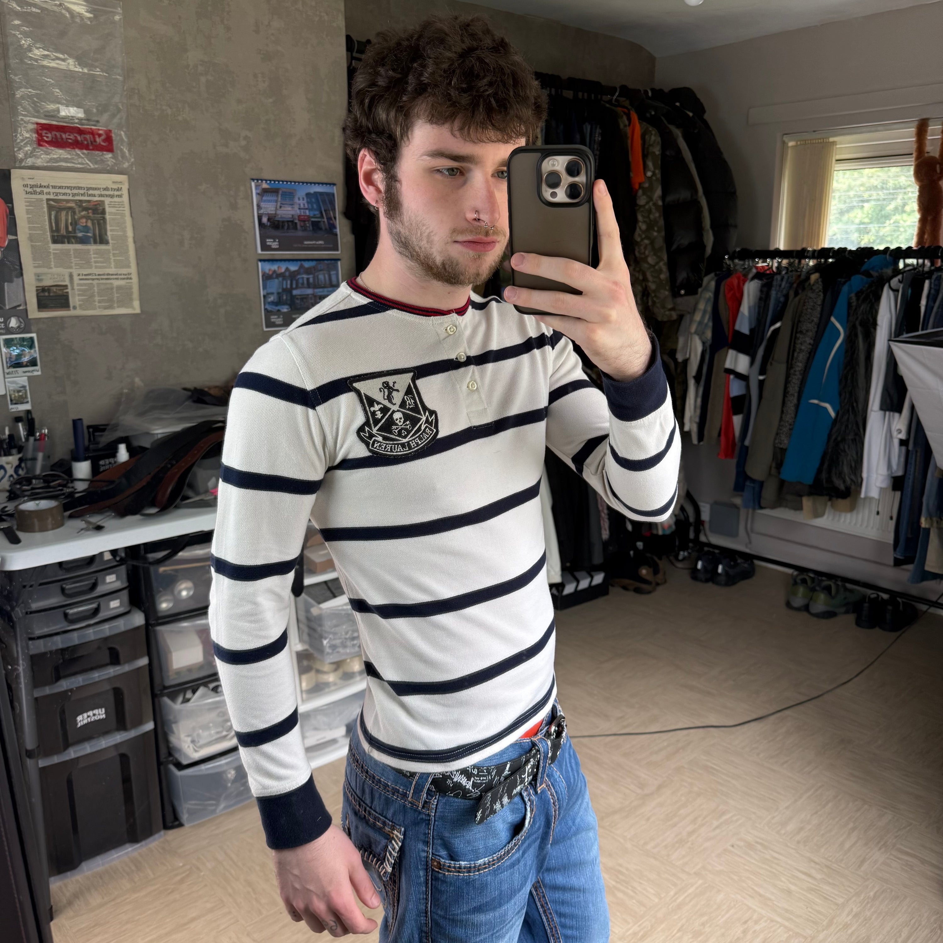 Ralph Lauren 2000's horizontal stripe embroidered Henley tee (XS)
