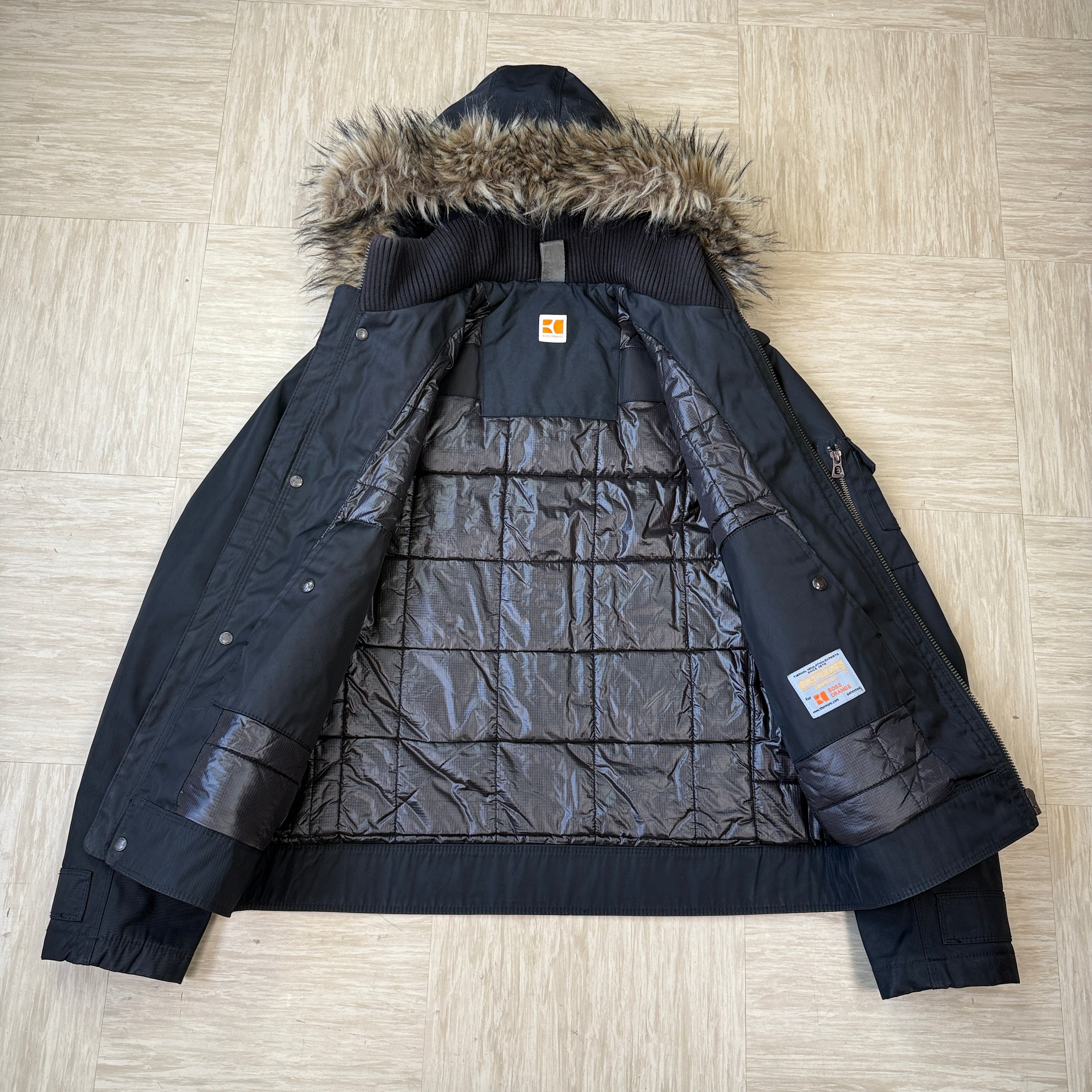 Hugo boss 2000's orange tab technical thermor nylon bomber jacket with fur hood (L)