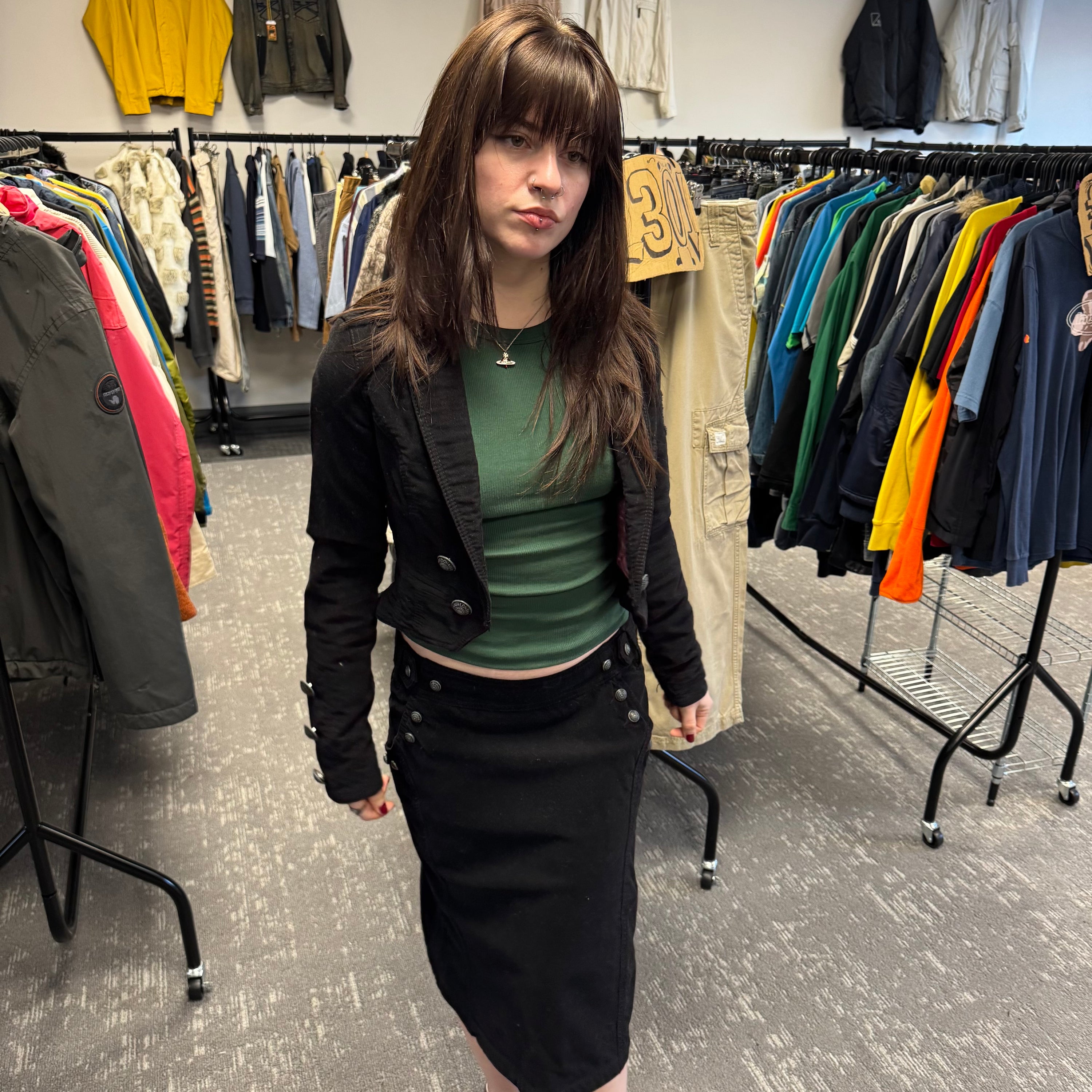 Pepe Jeans 2000's pocketed velvety midi skirt with metalic embroidery (L) wms