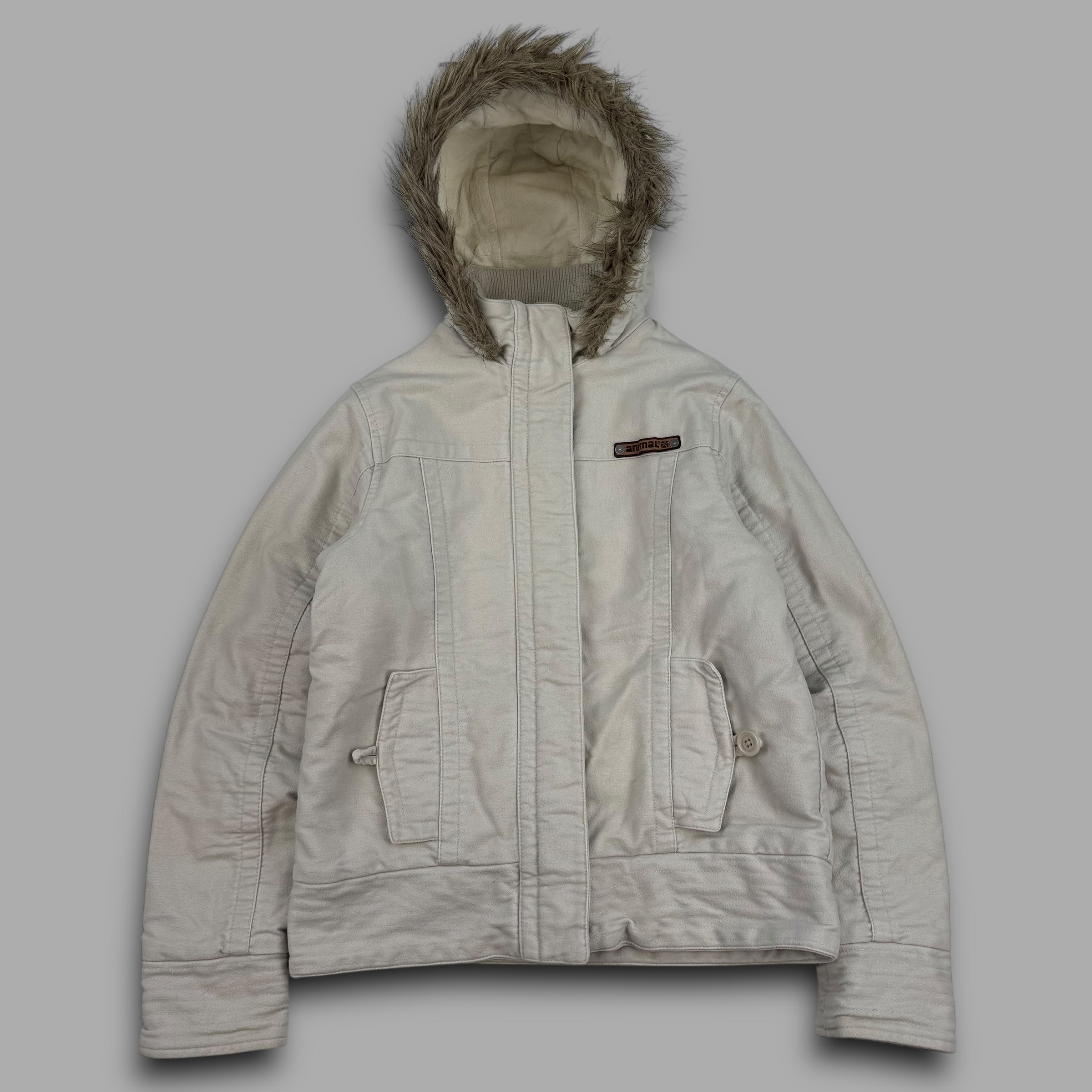 Animal 2000's funnel neck coat with fur lined hood and embroidered detailing on the back (M) wms