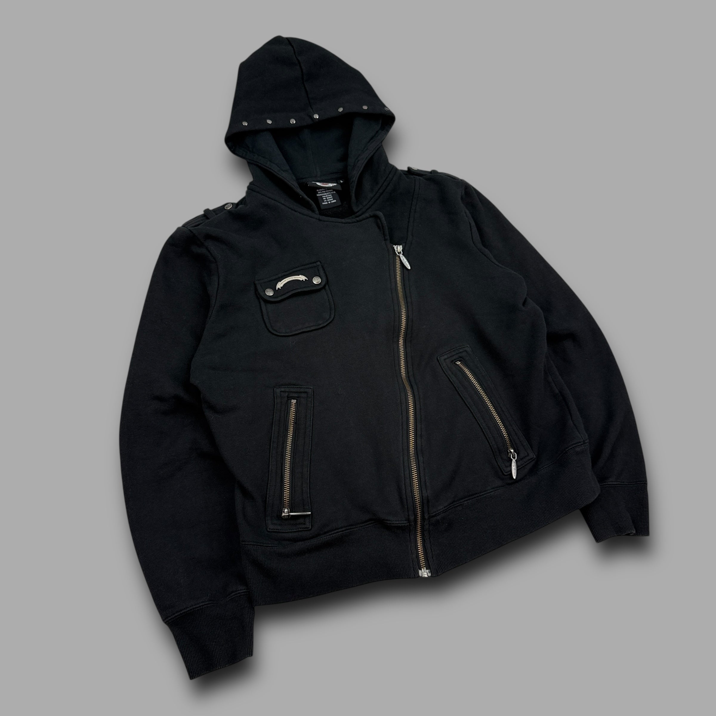 Harley Davidson 2000's technical asymmetrical zip graphic hoodie (L) wms