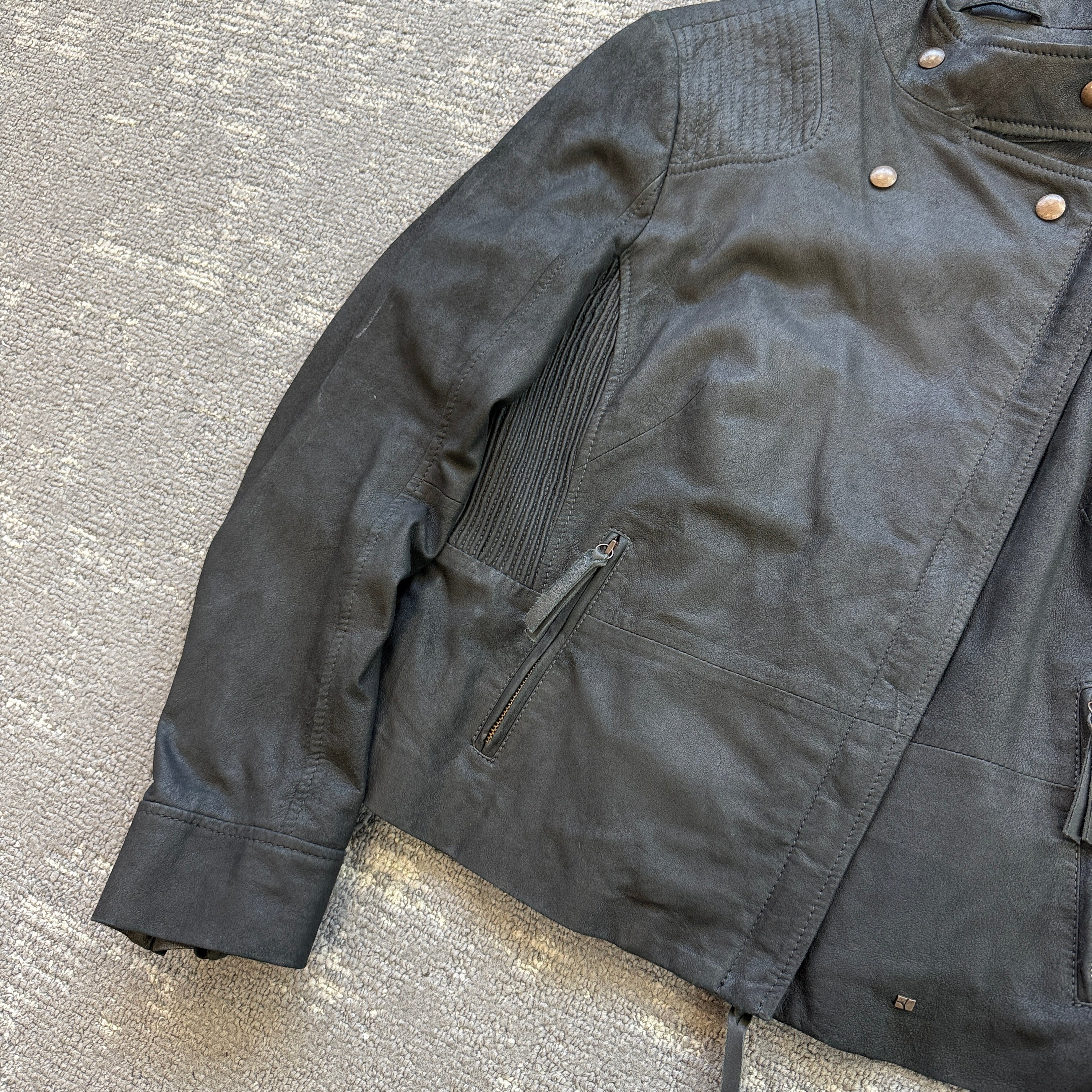 Hugo boss 2000's technical asymmetrical zip fitted goat leather biker jacket (S)