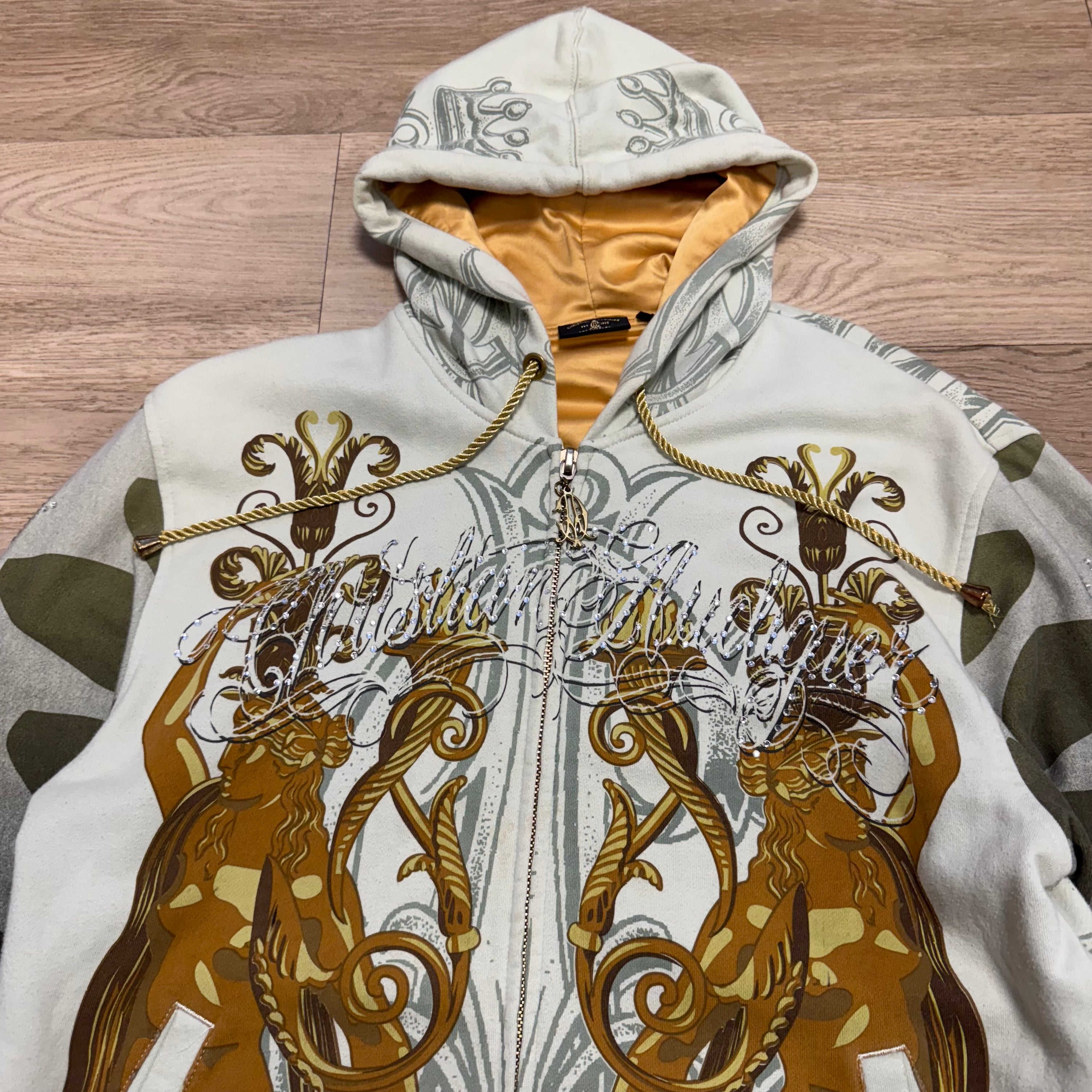 Christian audigier 2000's graphic zip up rhinestone hoodie (L)