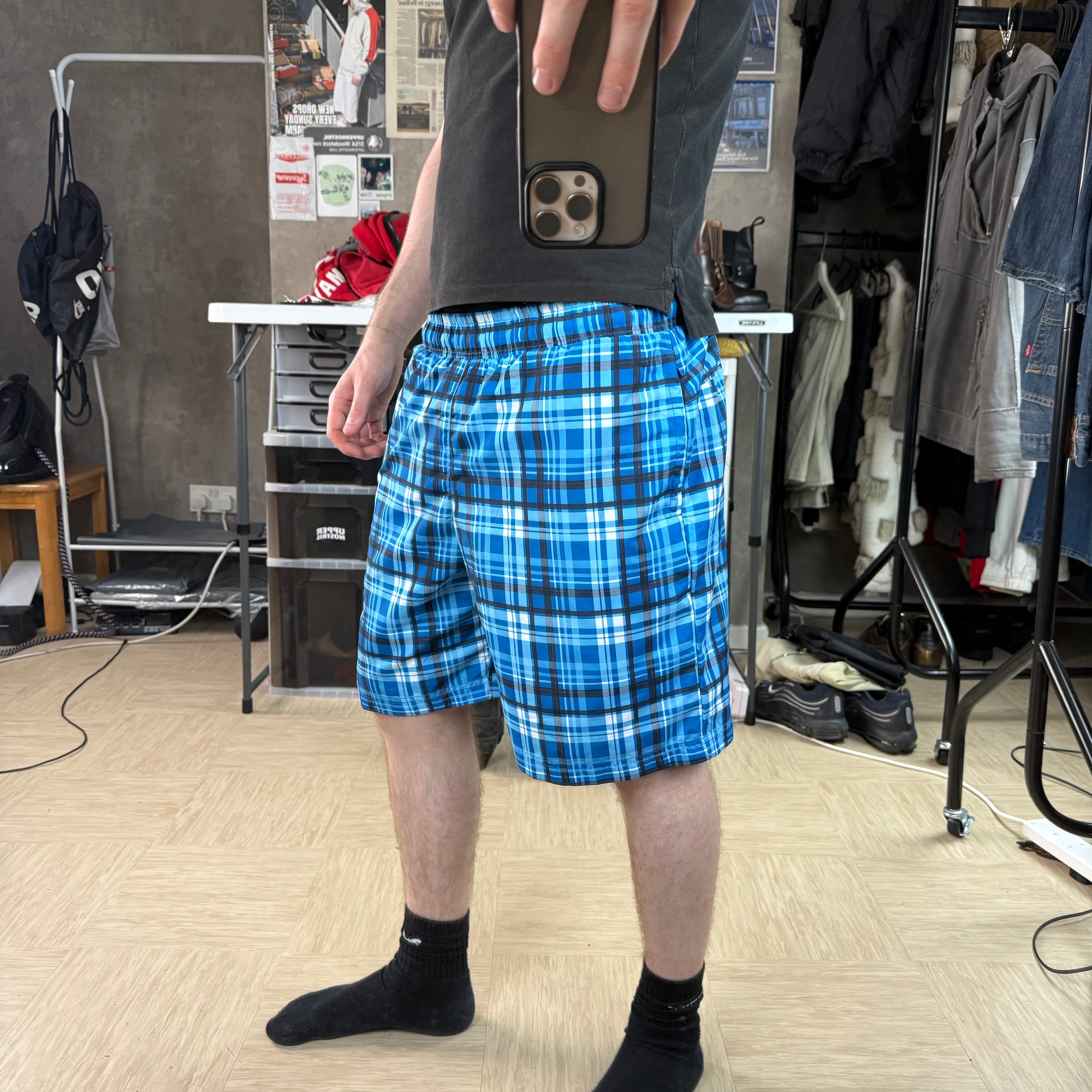 Lonsdale 2000's baggy plaid blue swim shorts (M)