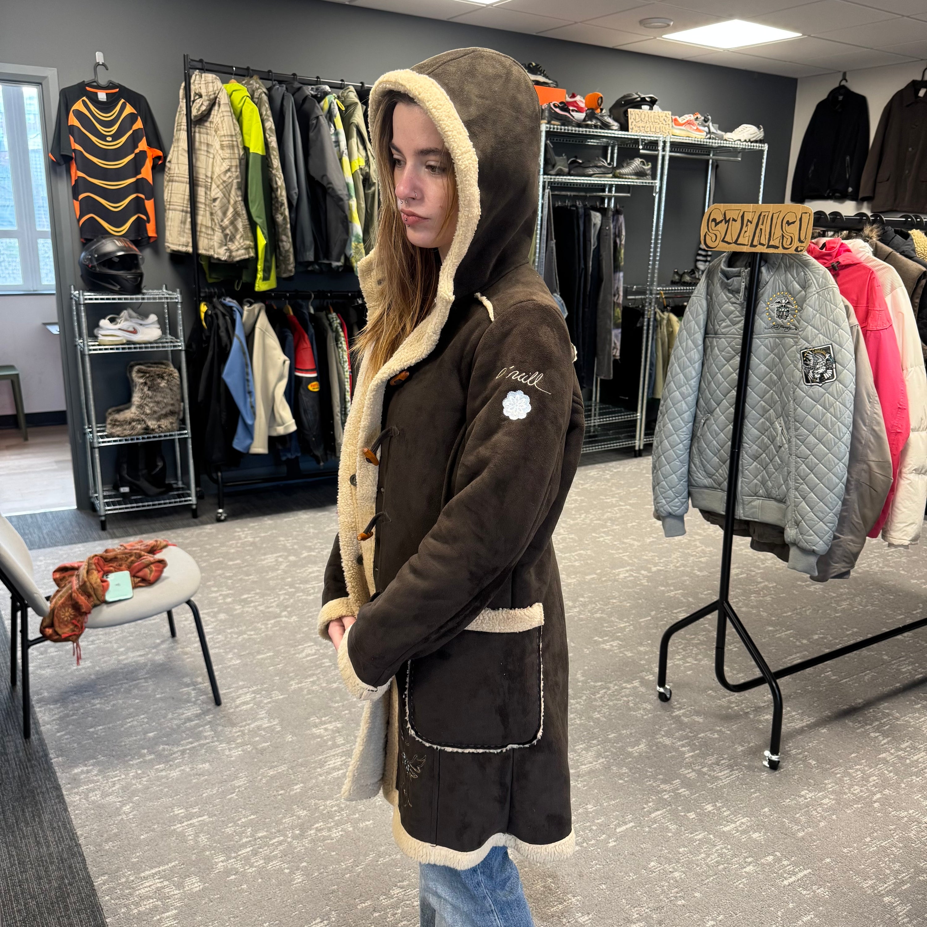 O'Neill 2000's suede, fleece-lined, hooded duffle coat with embroidery near the pockets (S) wms