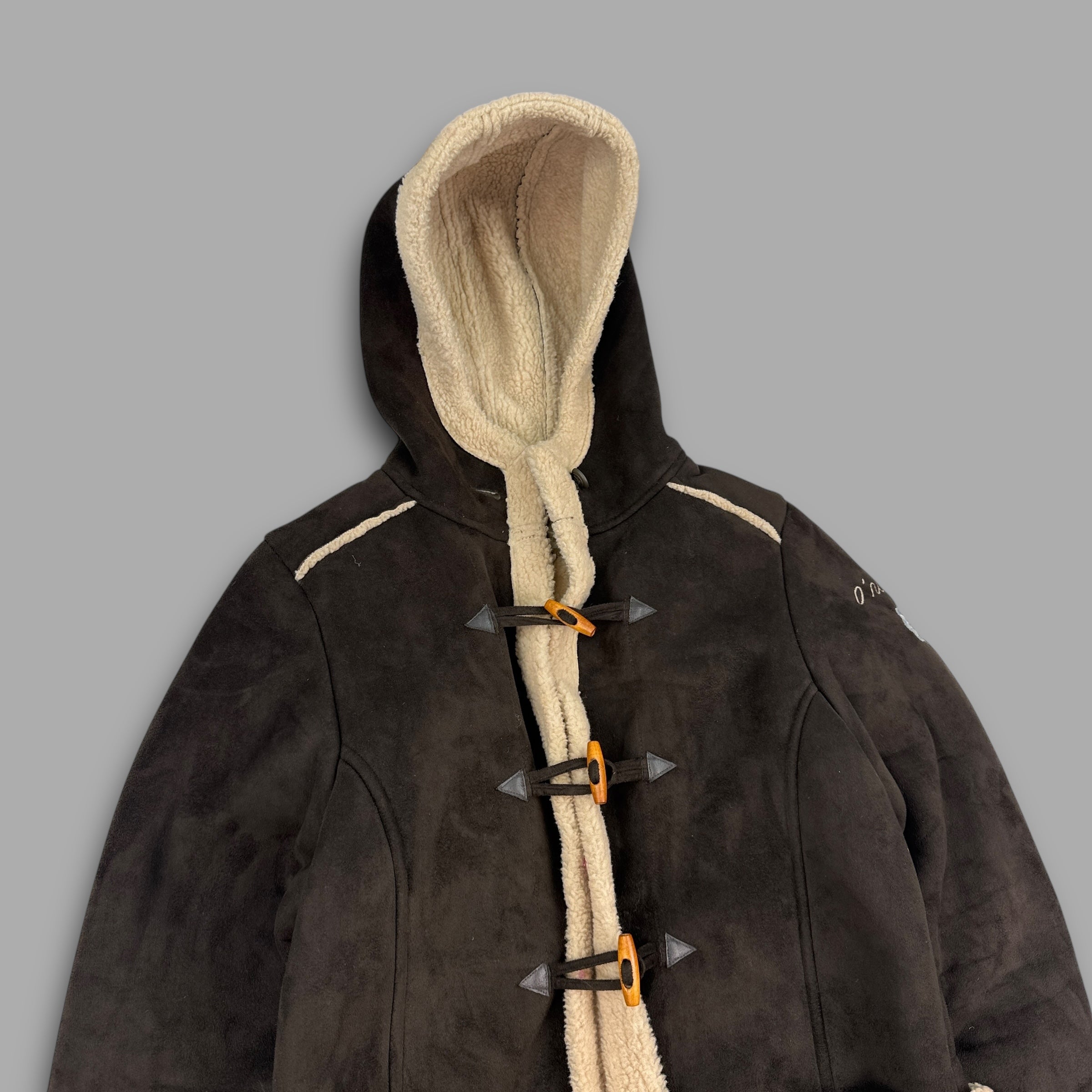 O'Neill 2000's suede, fleece-lined, hooded duffle coat with embroidery near the pockets (S) wms