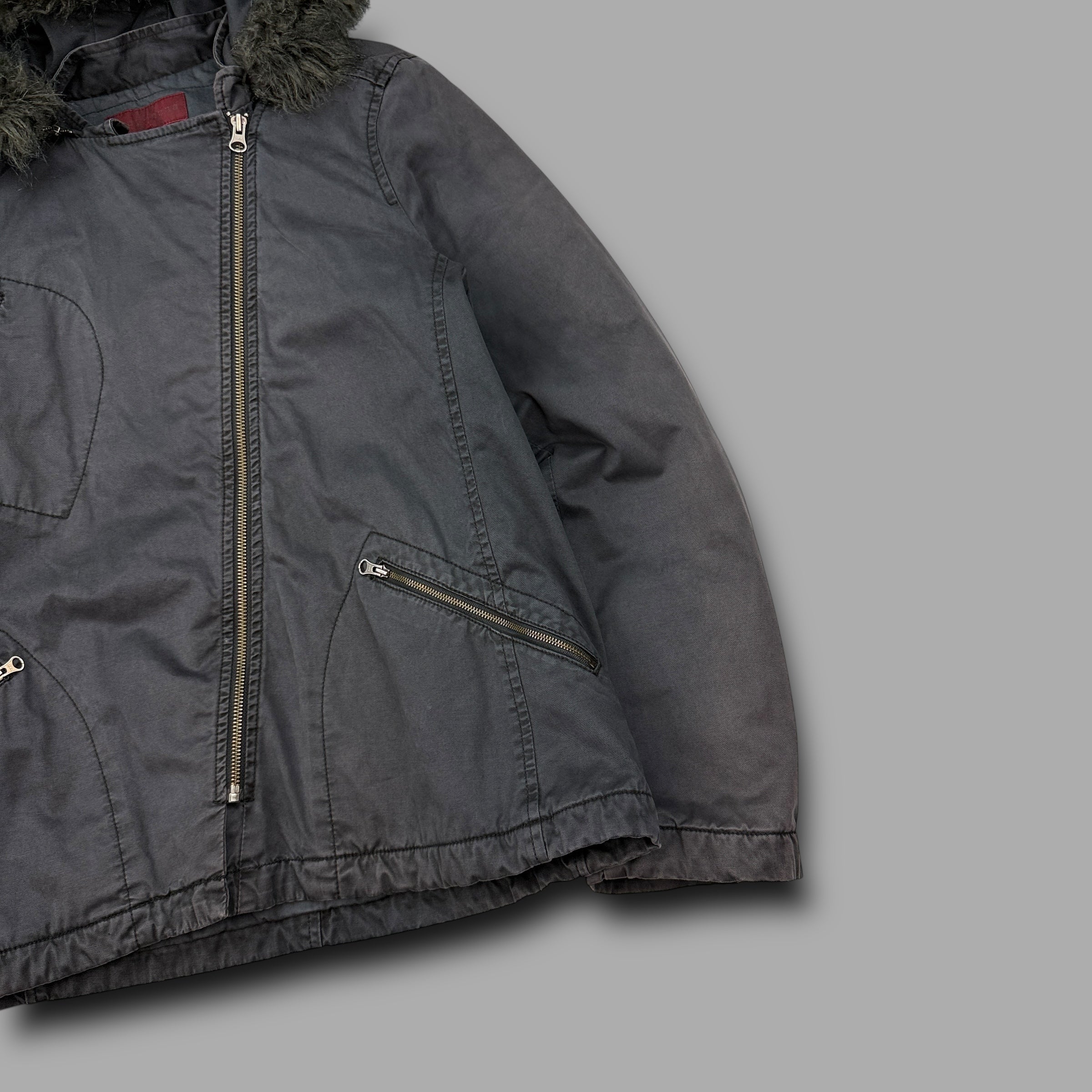 Fcuk jeans 2000's technical asymmetrical zip fur hood jacket (XL) wms