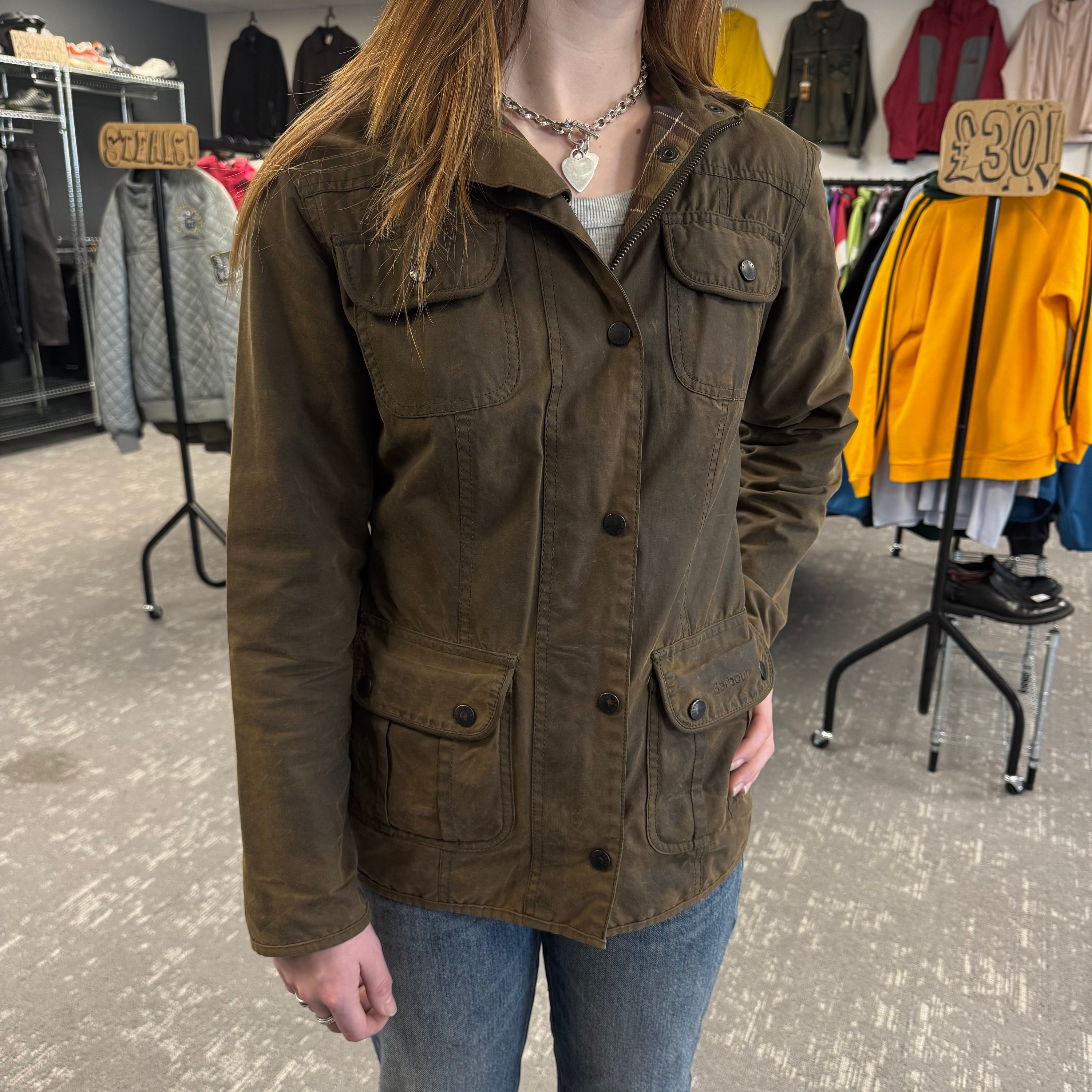 Barbour 2000's waxed zip up multi pocket utility jacket (S) wms