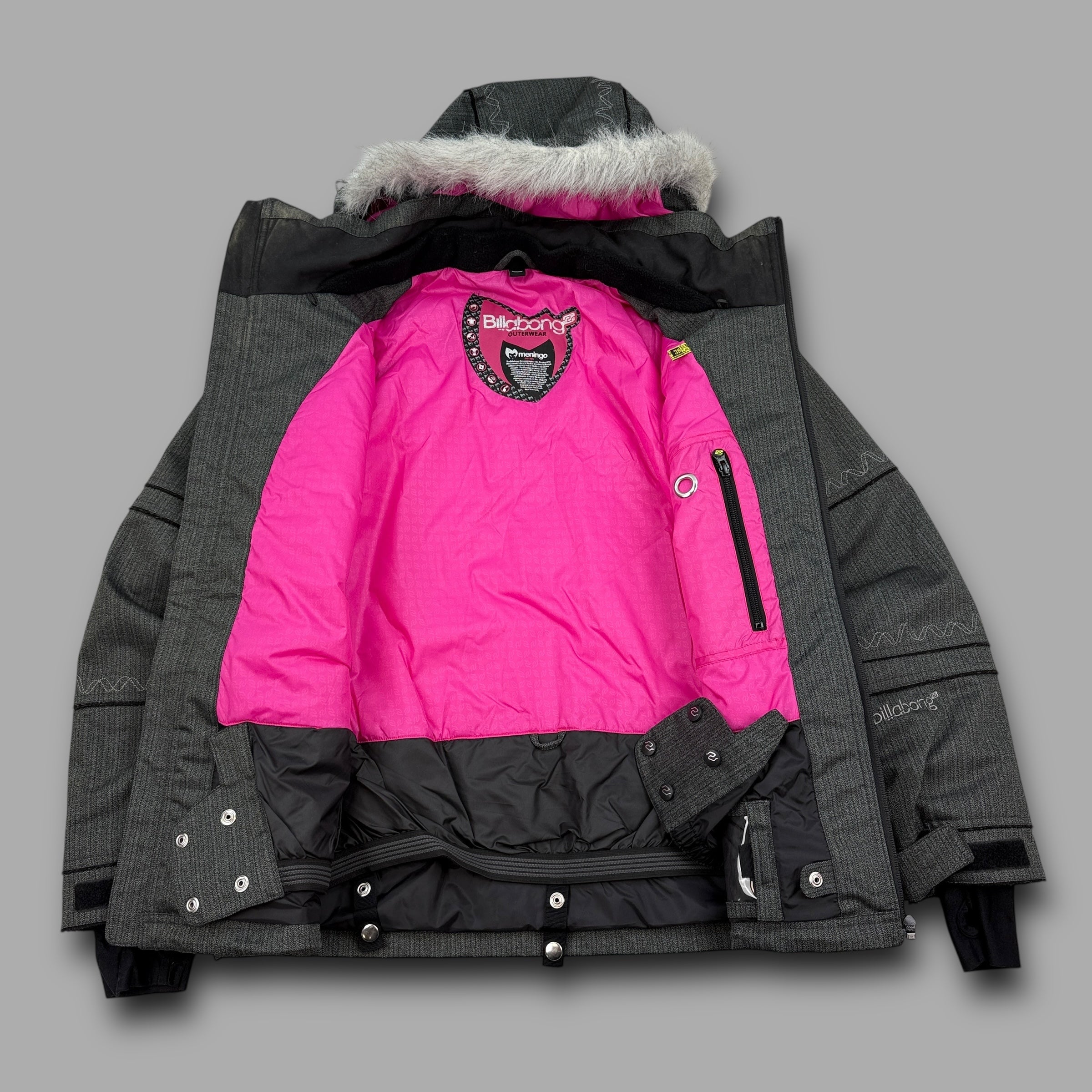 Billabong 2000's technical graphic pinstripe fur hood softshell ski jacket (L) wms