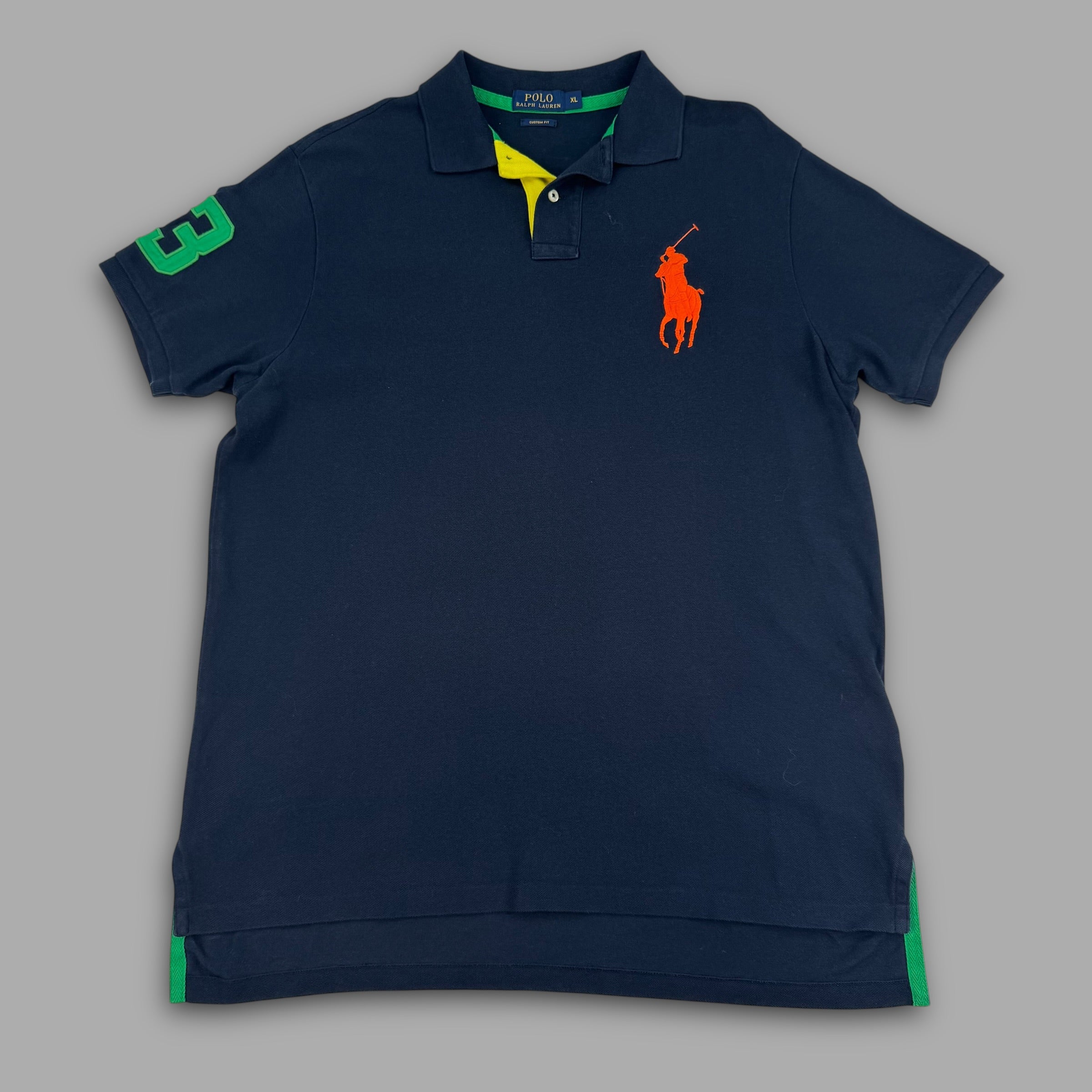 Ralph Lauren 2000's short sleeved polo embroidered navy and green big pony polo shirt (XL)