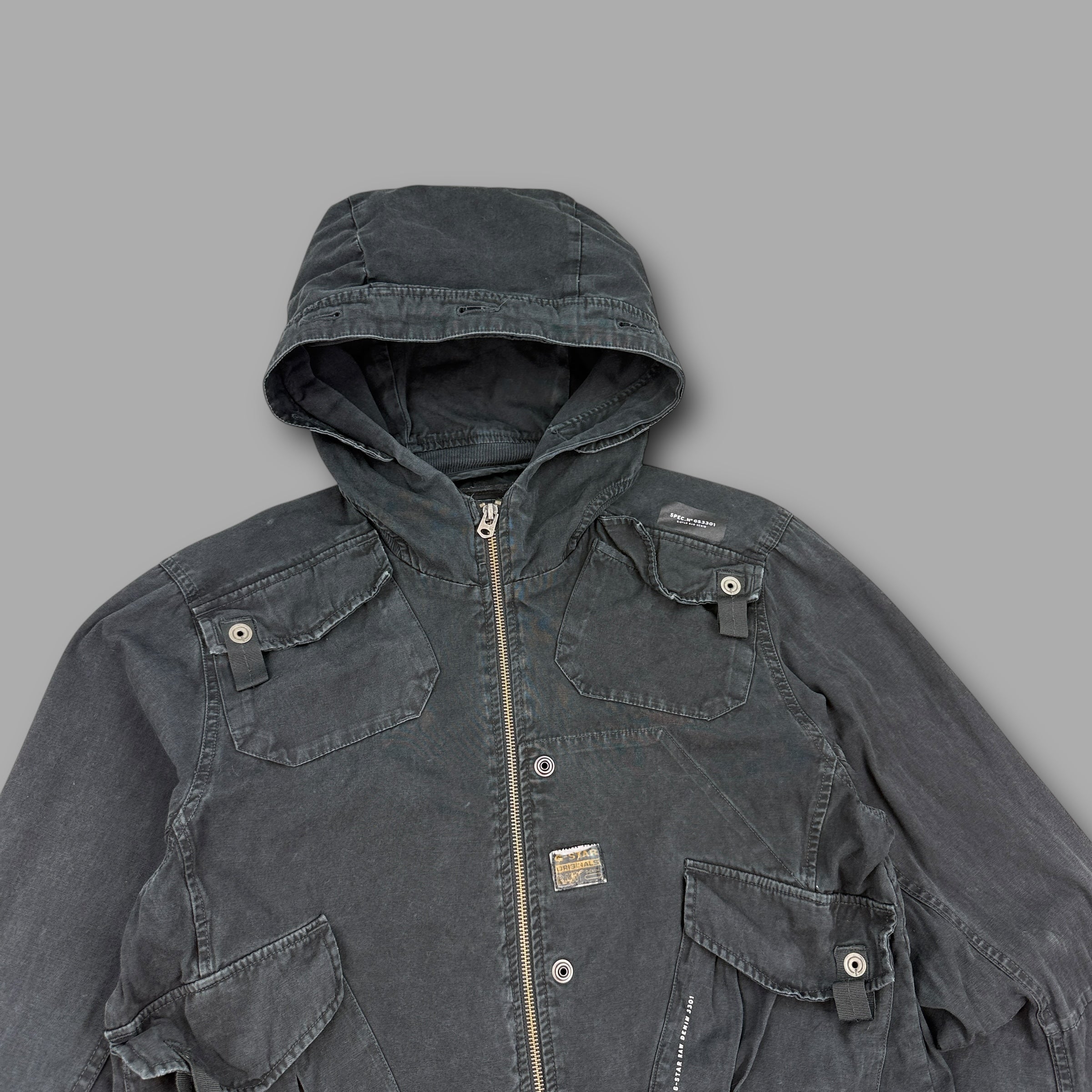 Gstar RAW 2000's technical multi-pocket hooded military jacket (L)