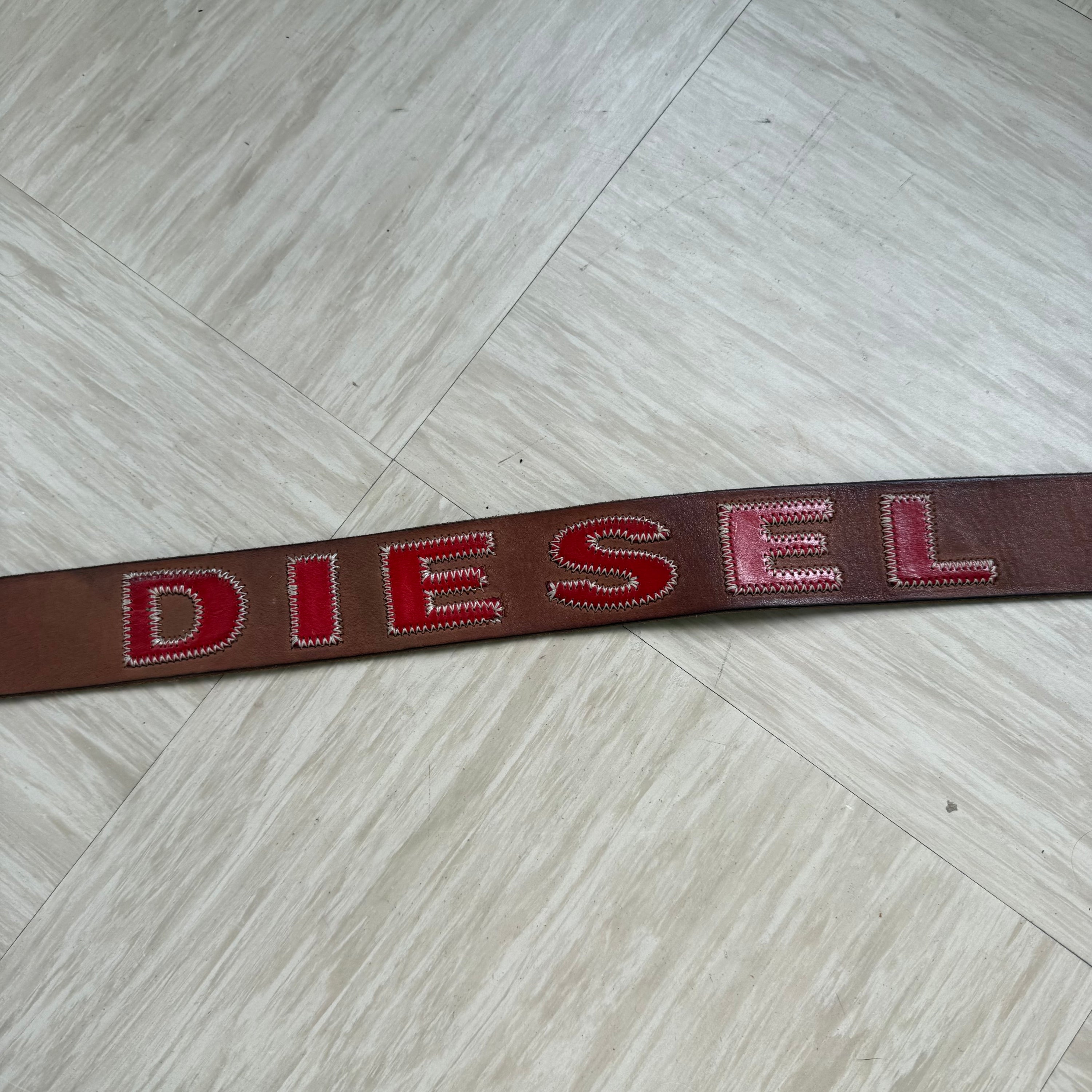 Diesel 2000's brown leather embroidered spellout belt (OS)