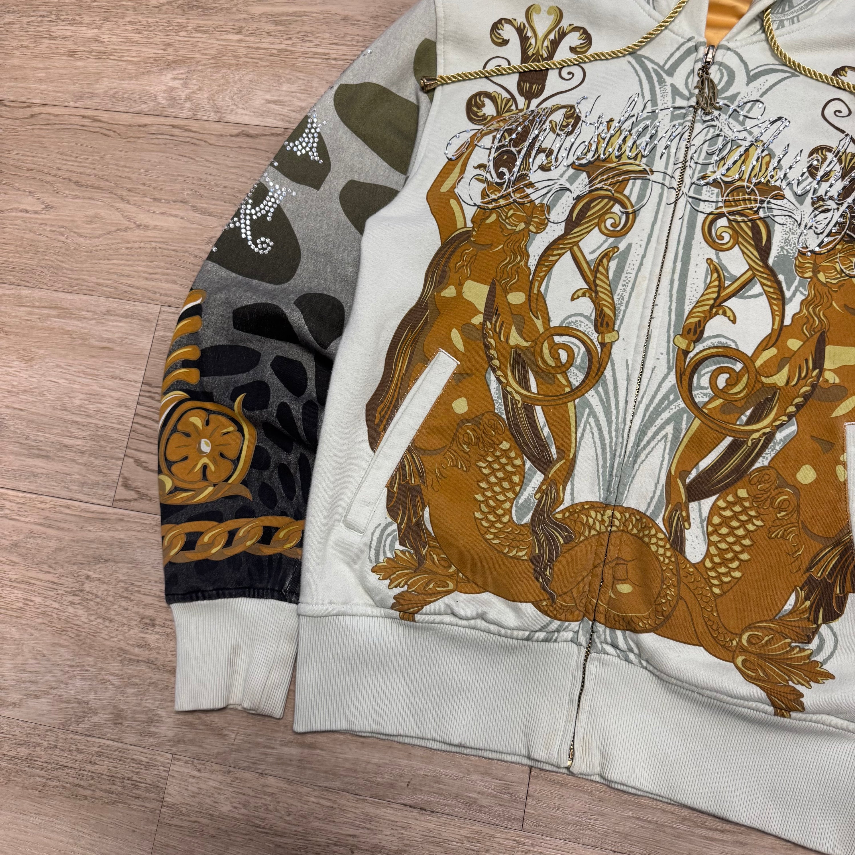 Christian audigier 2000's graphic zip up rhinestone hoodie (L)