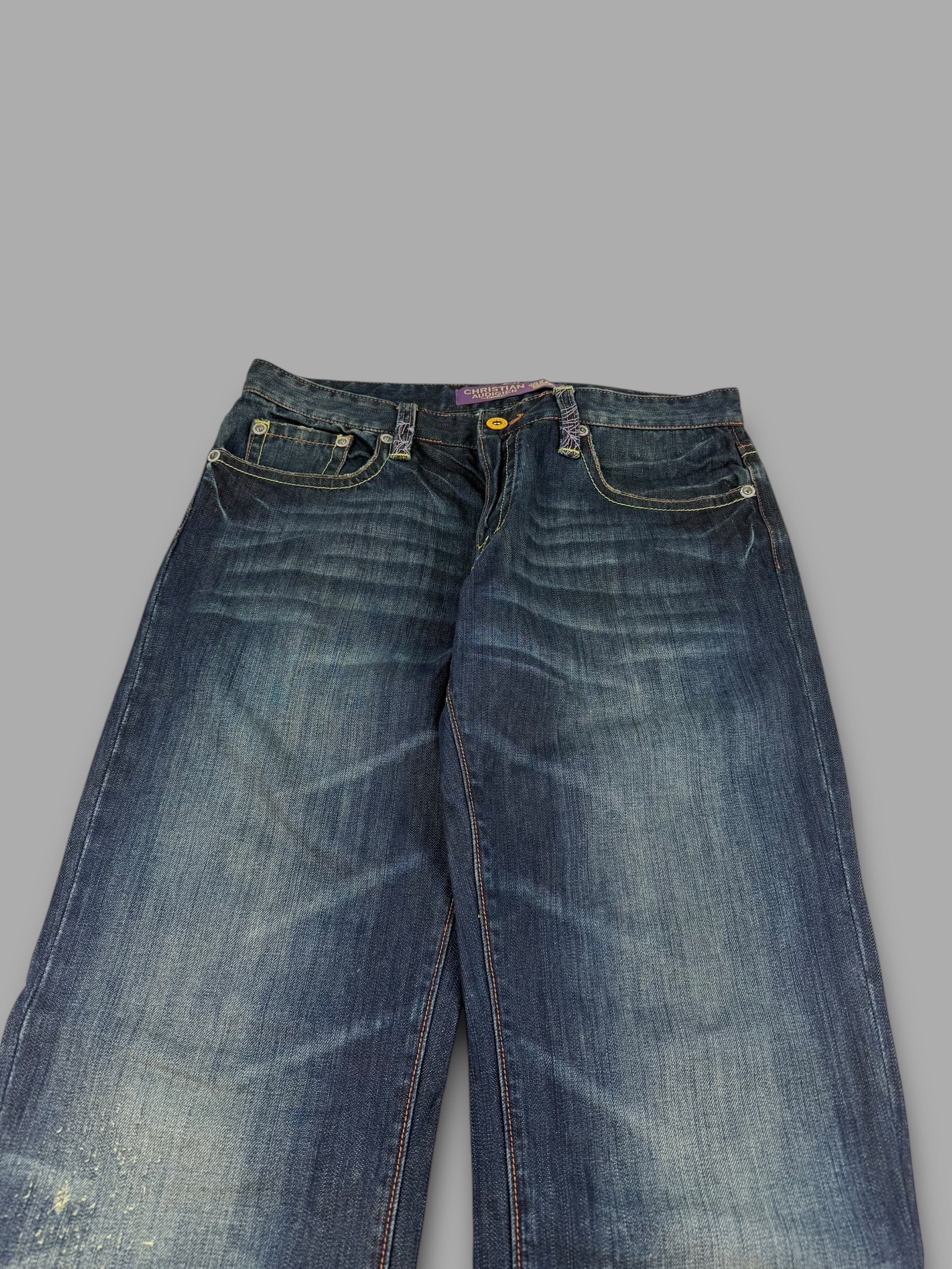 Christian Audegier 2000's graphic embroidered denim straight leg jeans (L)