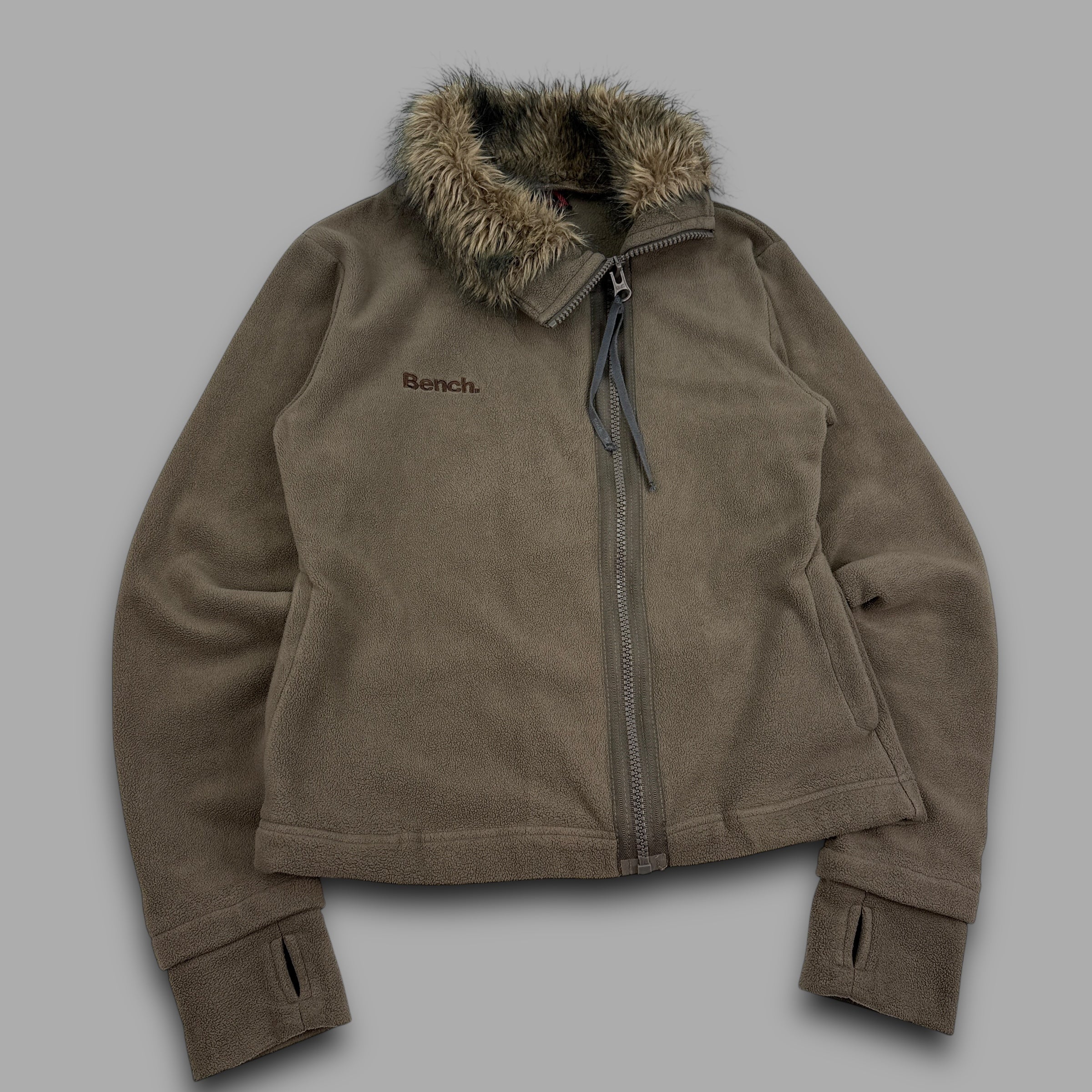 Bench 2000's technical asymmetrical zip fur collar fleece jacket (L) wms