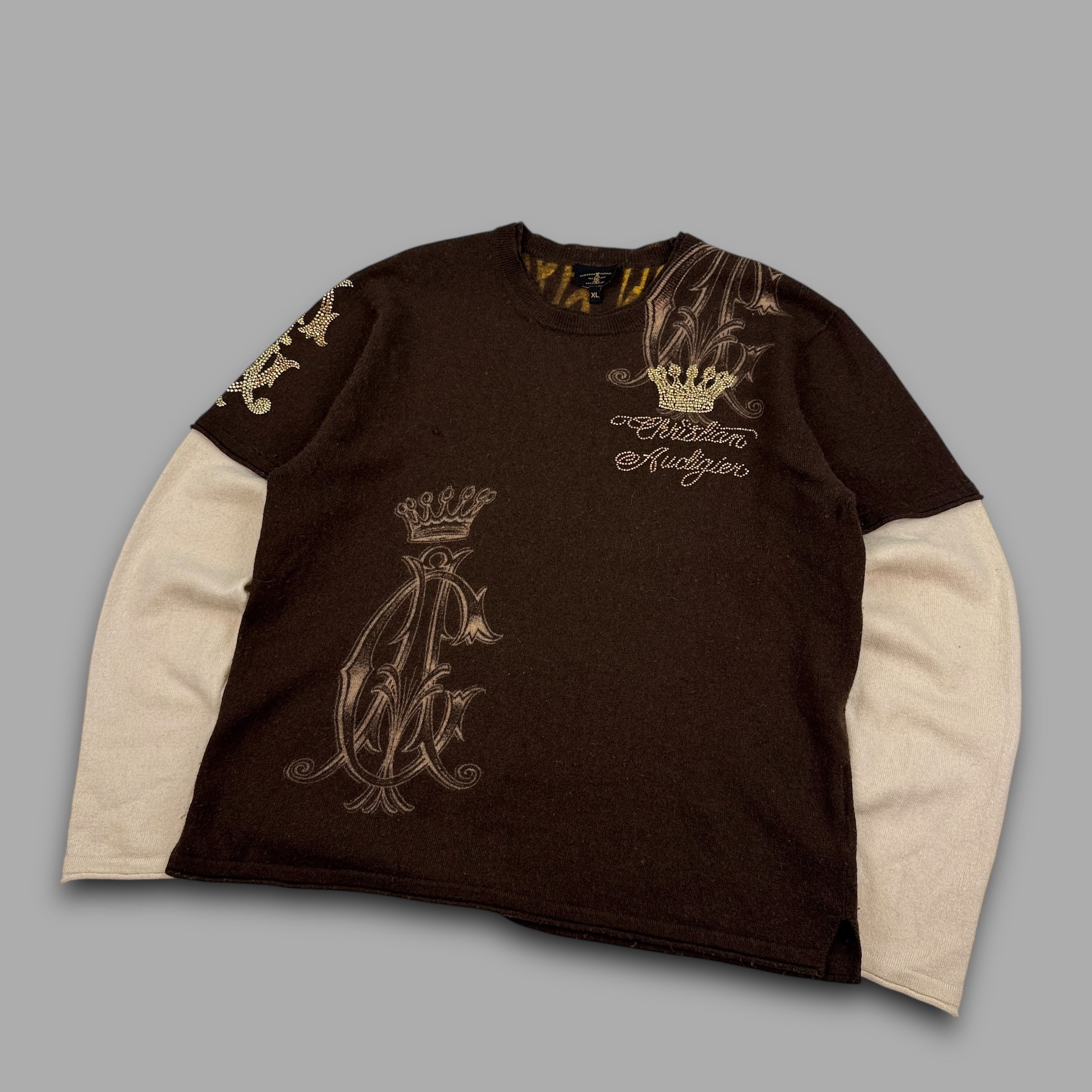 Christian audigier 2000's graphic rhinestone pullover wool knit sweatshirt (XL) wms