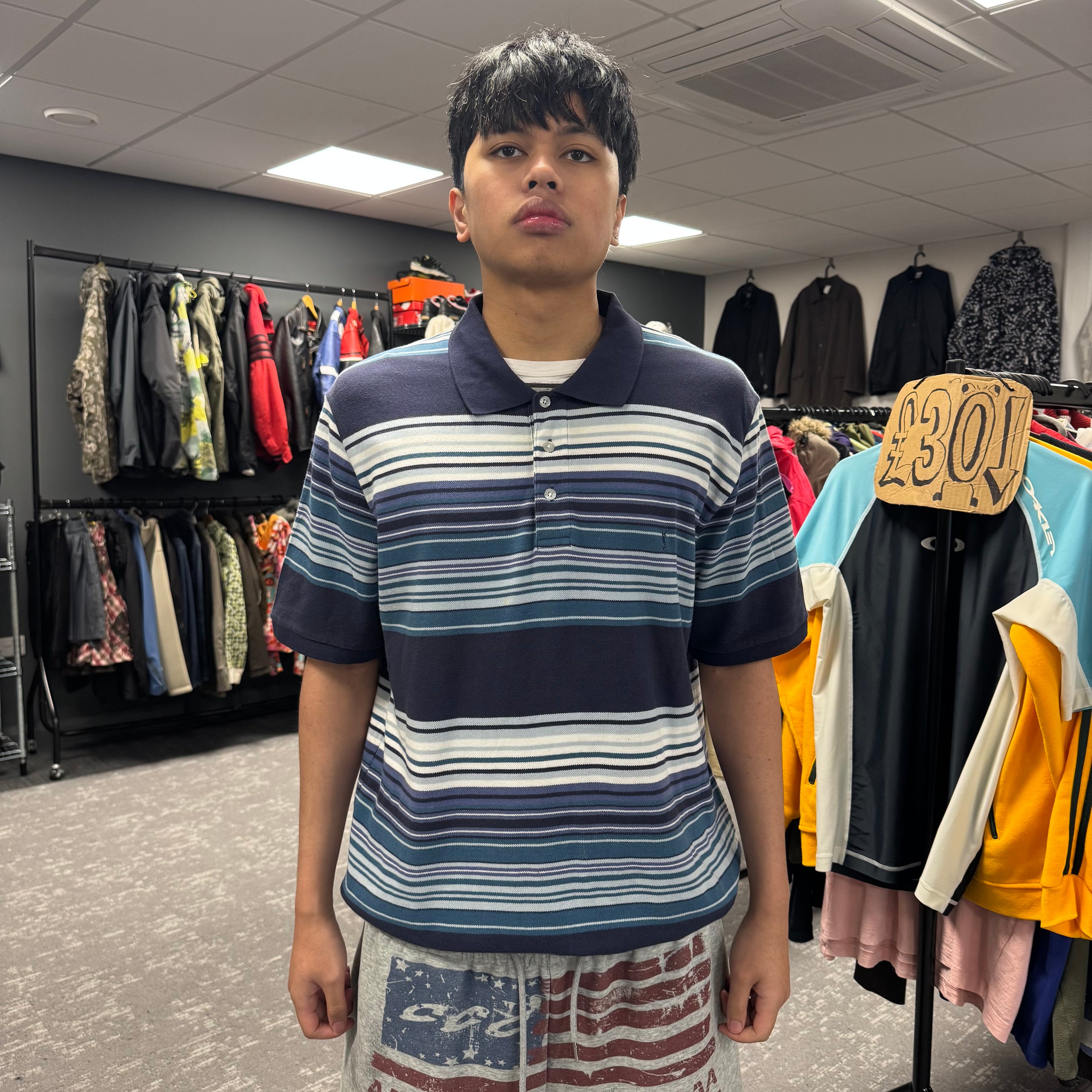 Yves saint laurent 2000's graphic embroidered striped polo shirt (XXL)