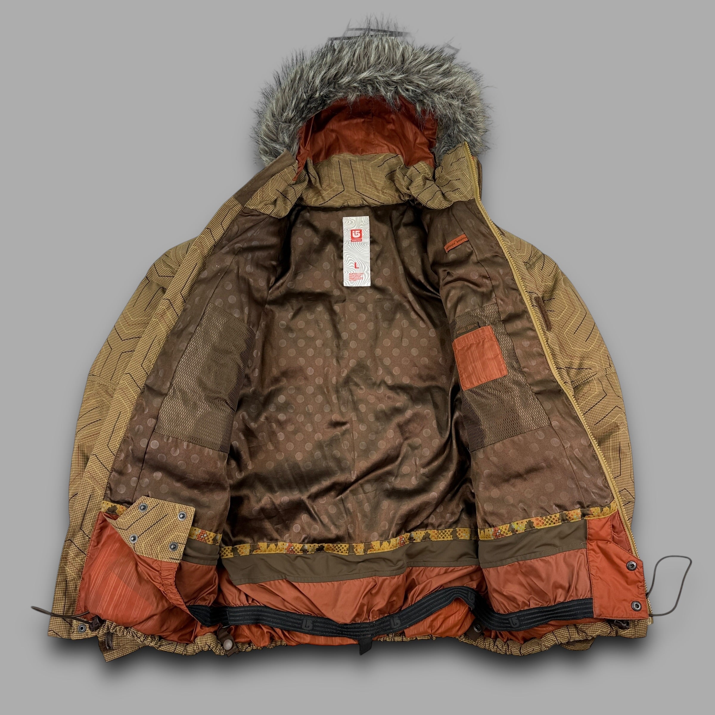 Burton 2000's technical vented monogram ski jacket with fur hood (L)