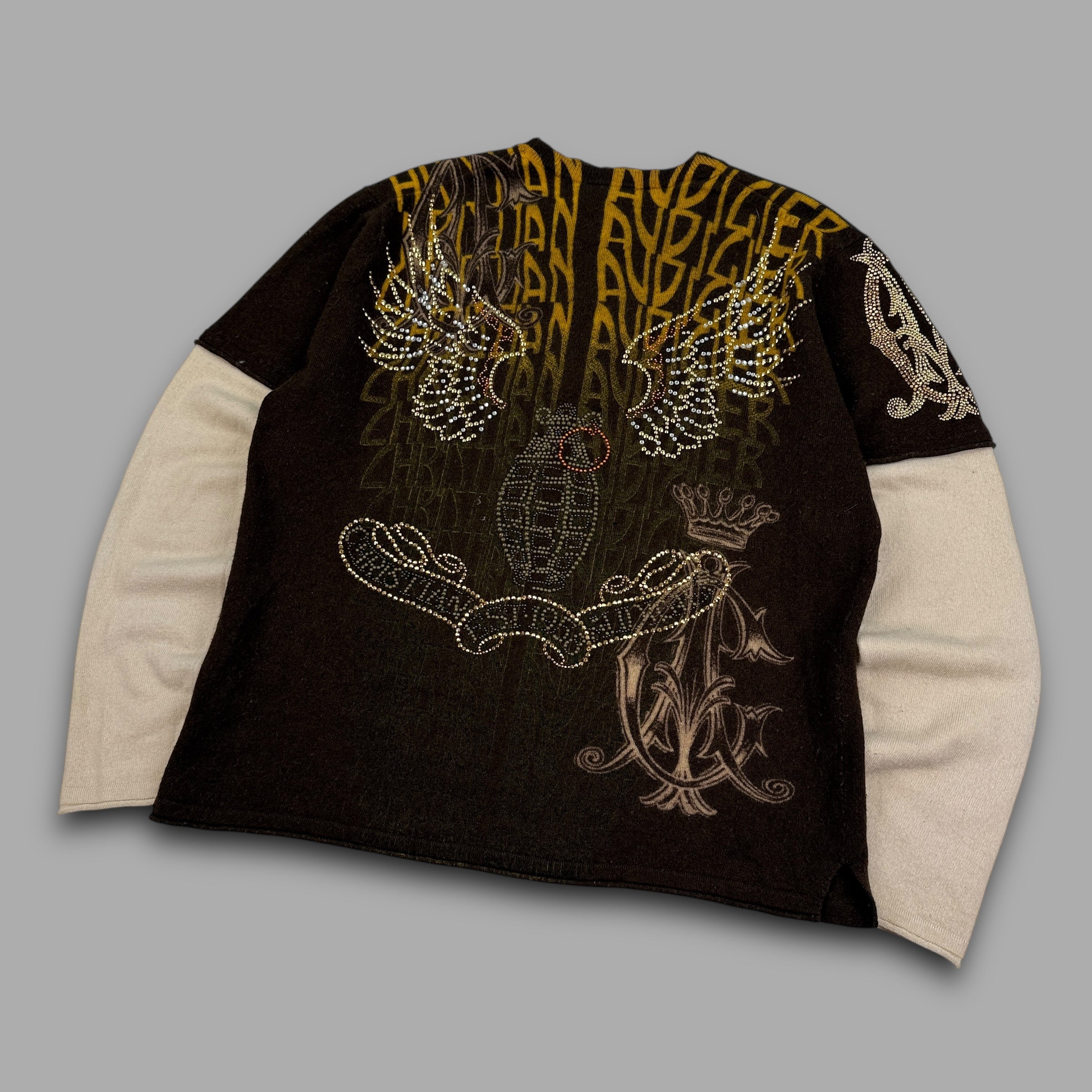 Christian audigier 2000's graphic rhinestone pullover wool knit sweatshirt (XL) wms