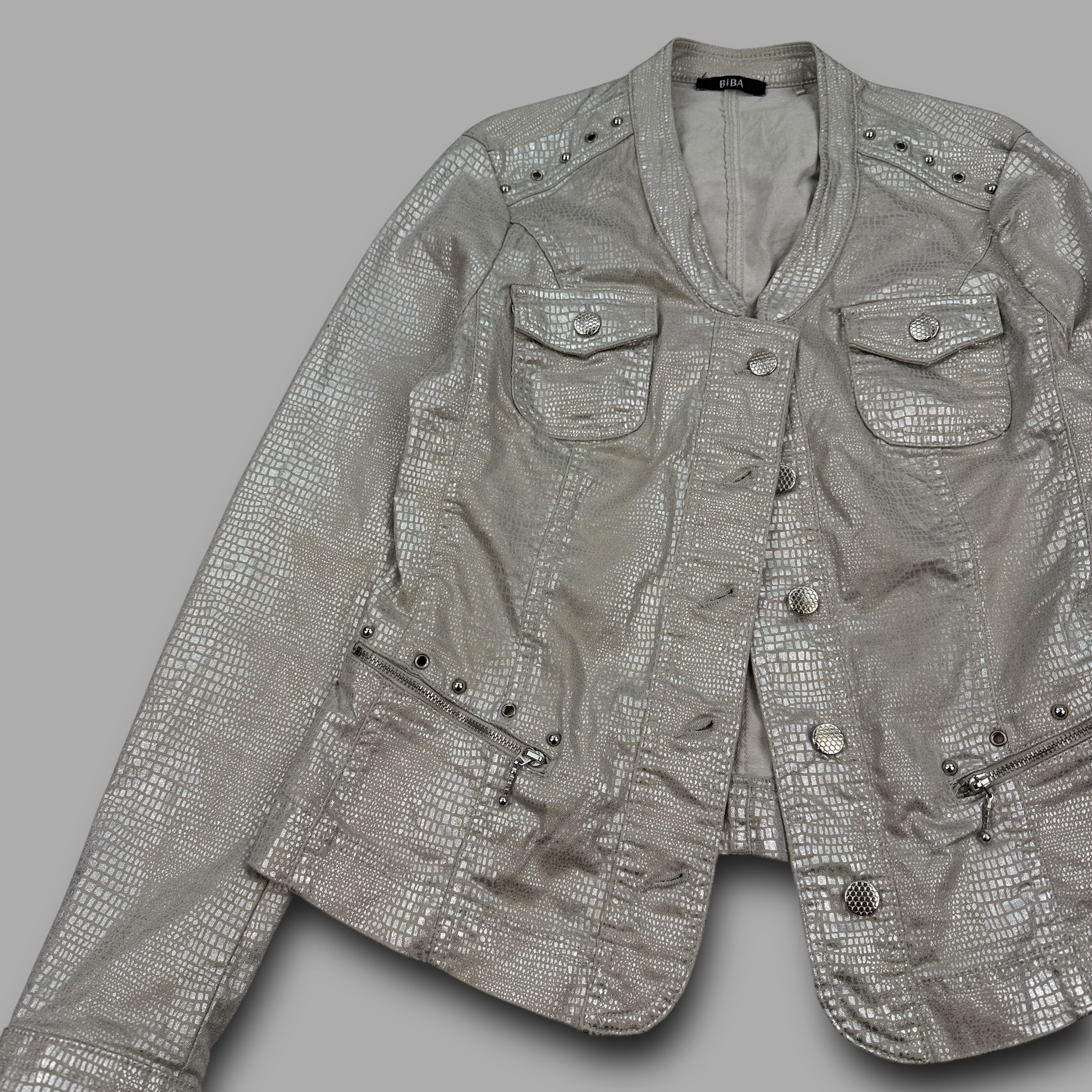 Biba 2000's silver studded bomber jacket with faux crocodile skin pattern and pockets (S) wms