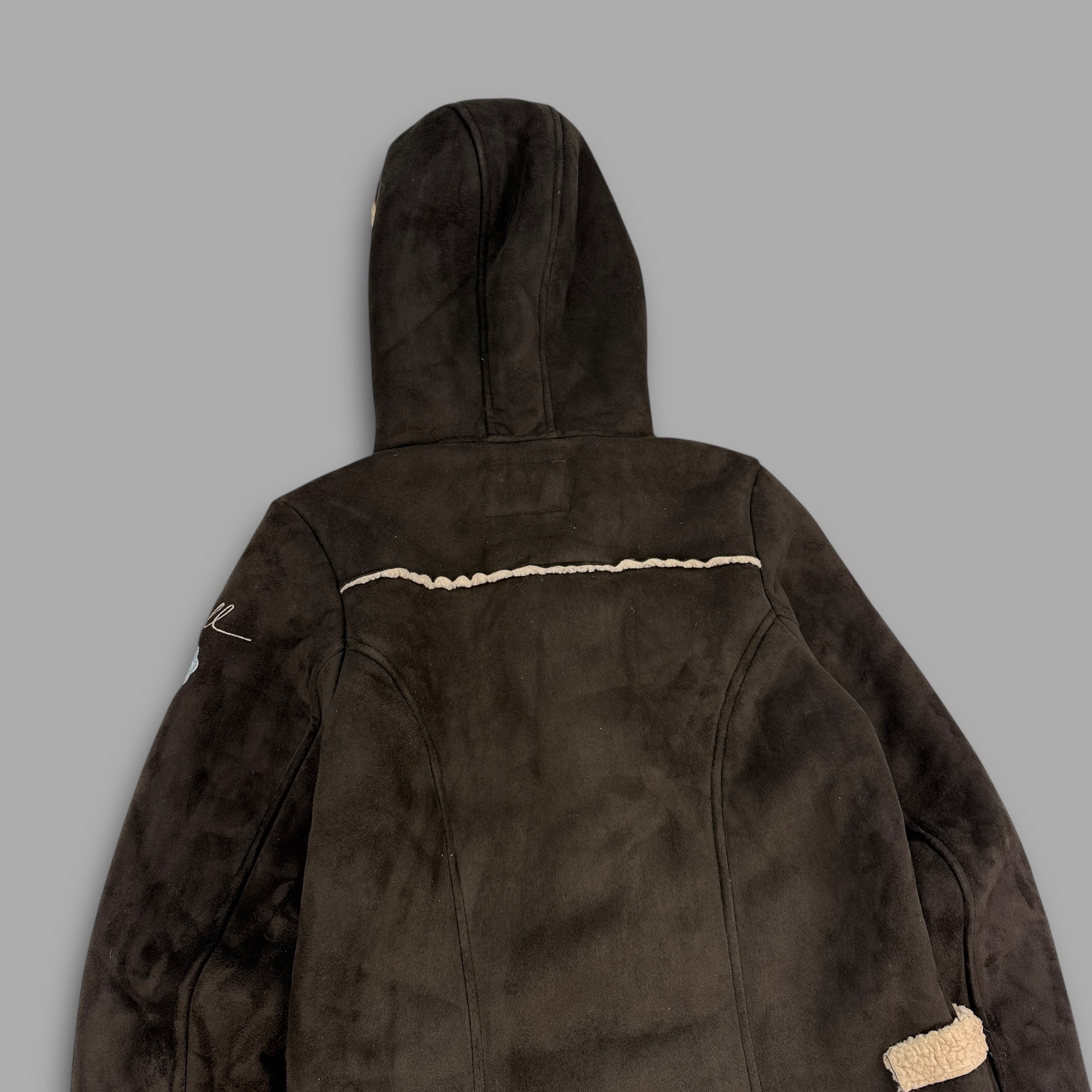 O'Neill 2000's suede, fleece-lined, hooded duffle coat with embroidery near the pockets (S) wms