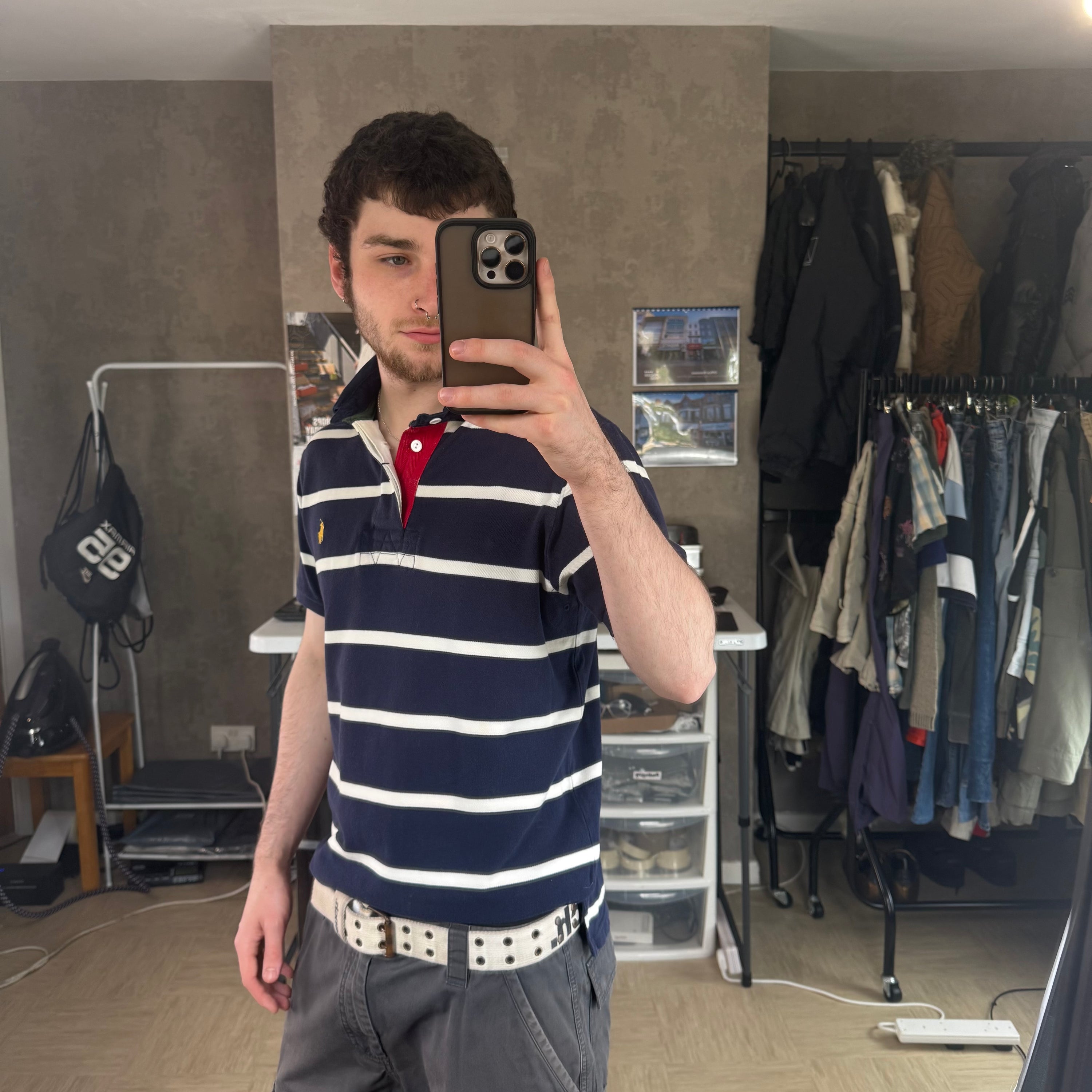 Ralph Lauren 2000's embroidered horizontal stripe polo shirt (M)