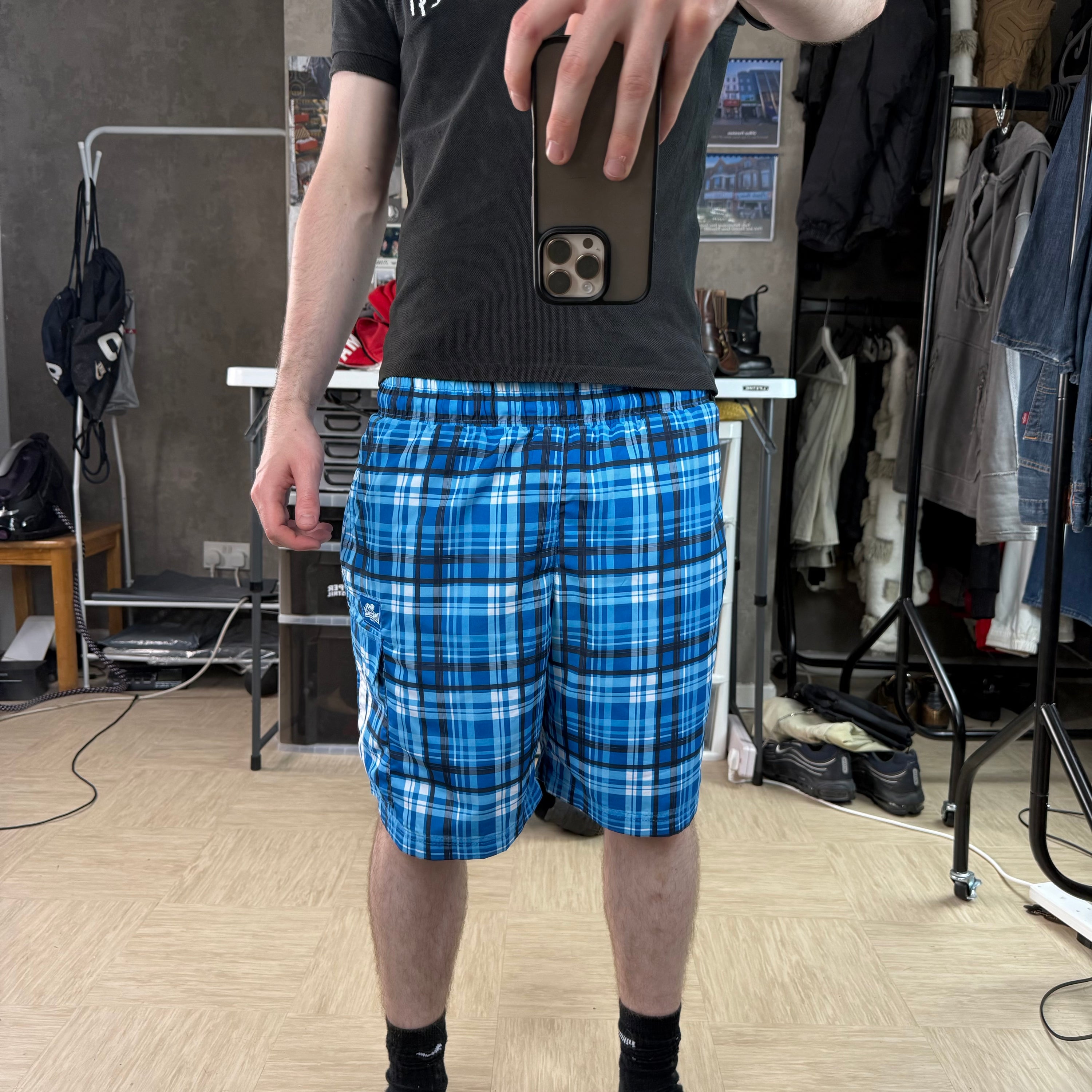 Lonsdale 2000's baggy plaid blue swim shorts (M)