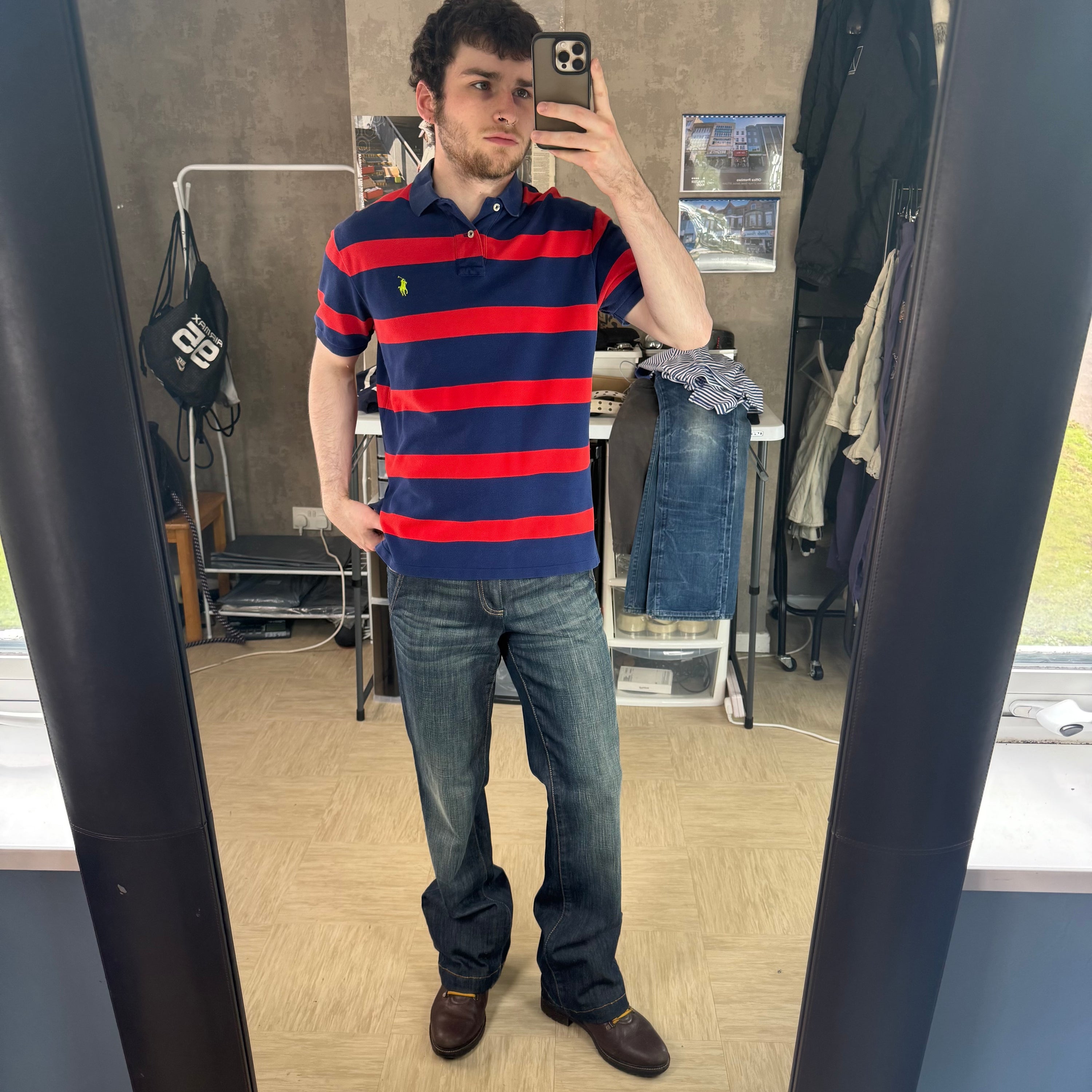 Ralph Lauren 2000's embroidered horizontal stripe button up polo shirt (M)