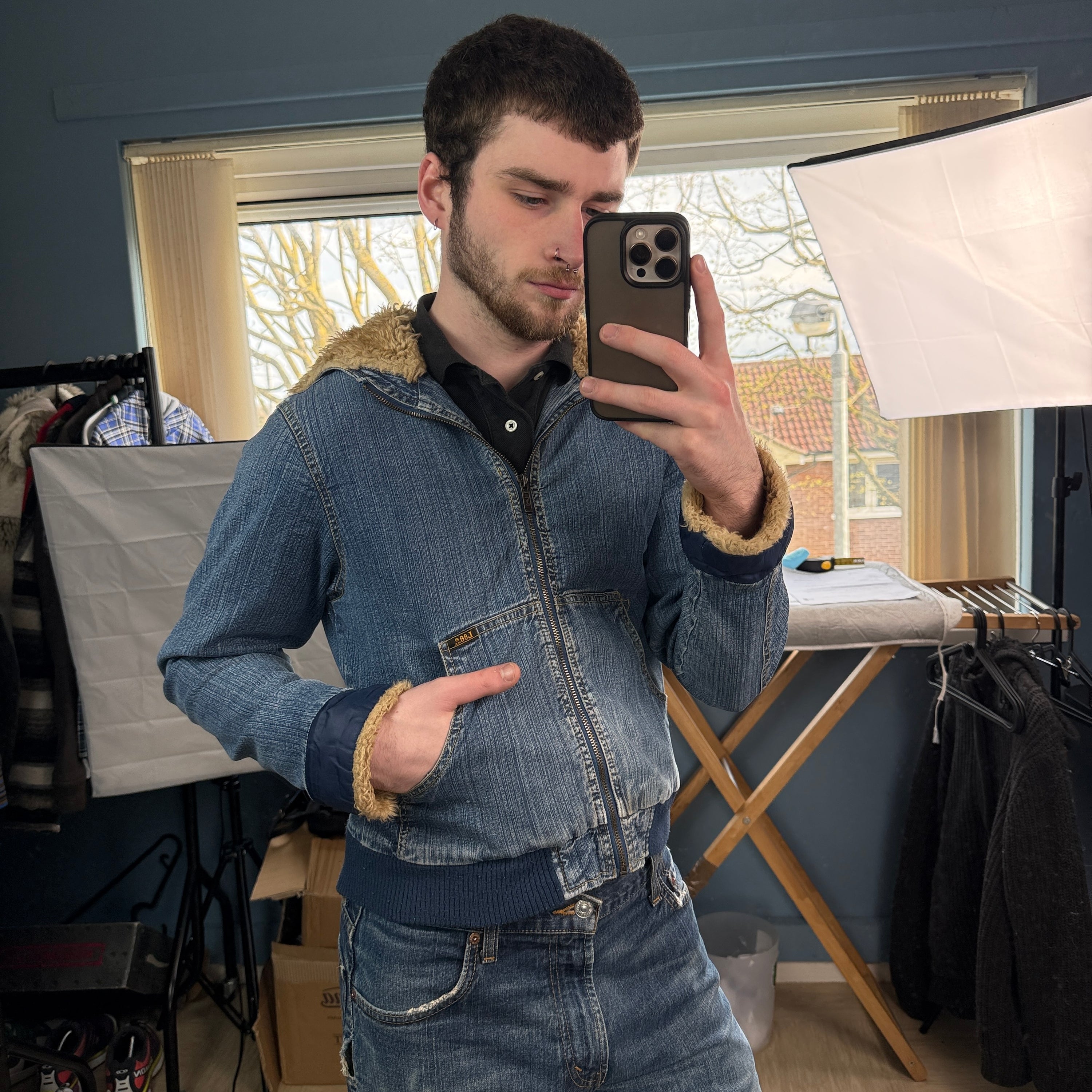 Lee 2000's split fur hood cropped denim jacket (XS)