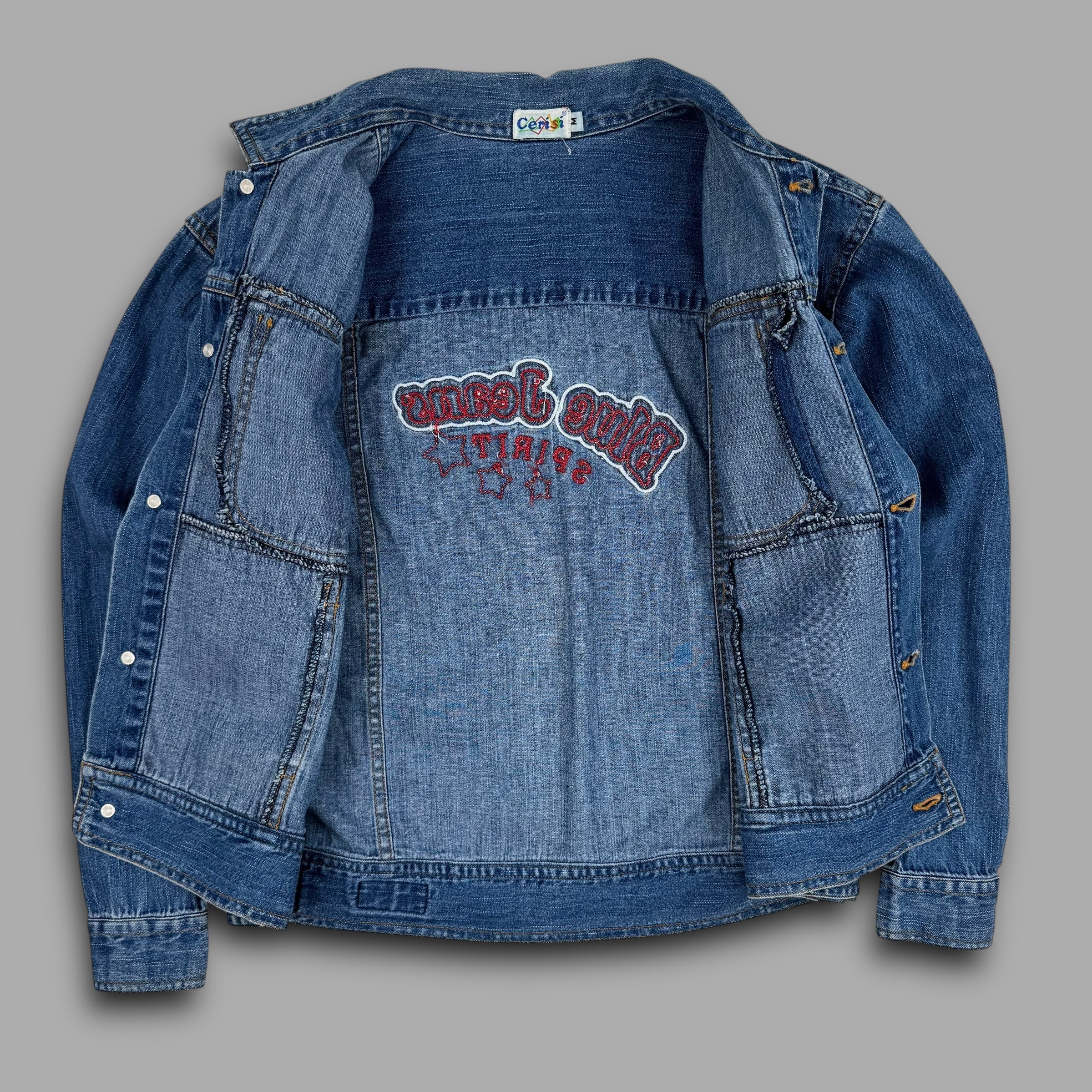 Cerisi Vintage 1980's blue jeans spirit denim shirt jacket with embroidered detailing on the back (S) wms