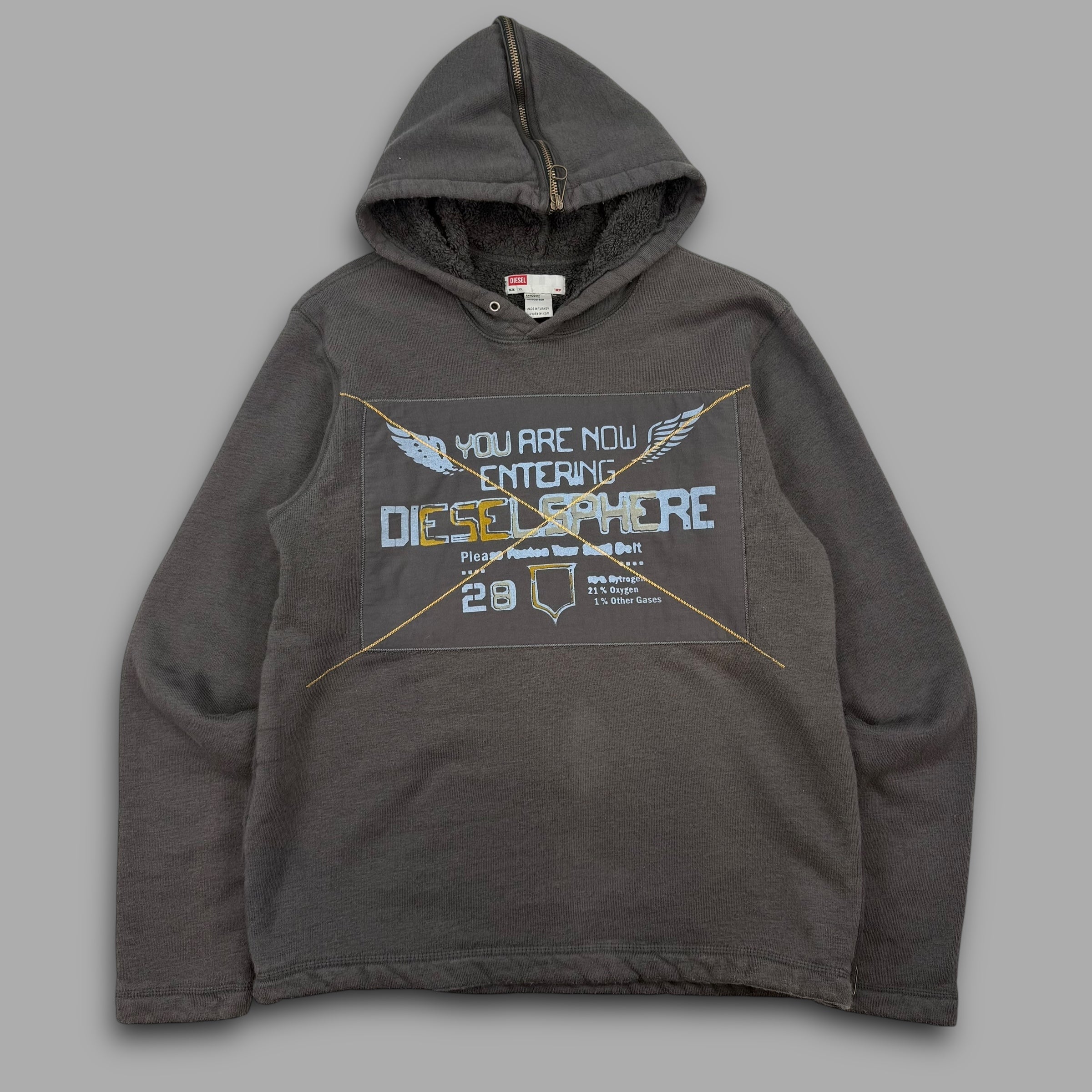 Diesel 2000's sherpa lined split hood pullover hoodie (M-XL)
