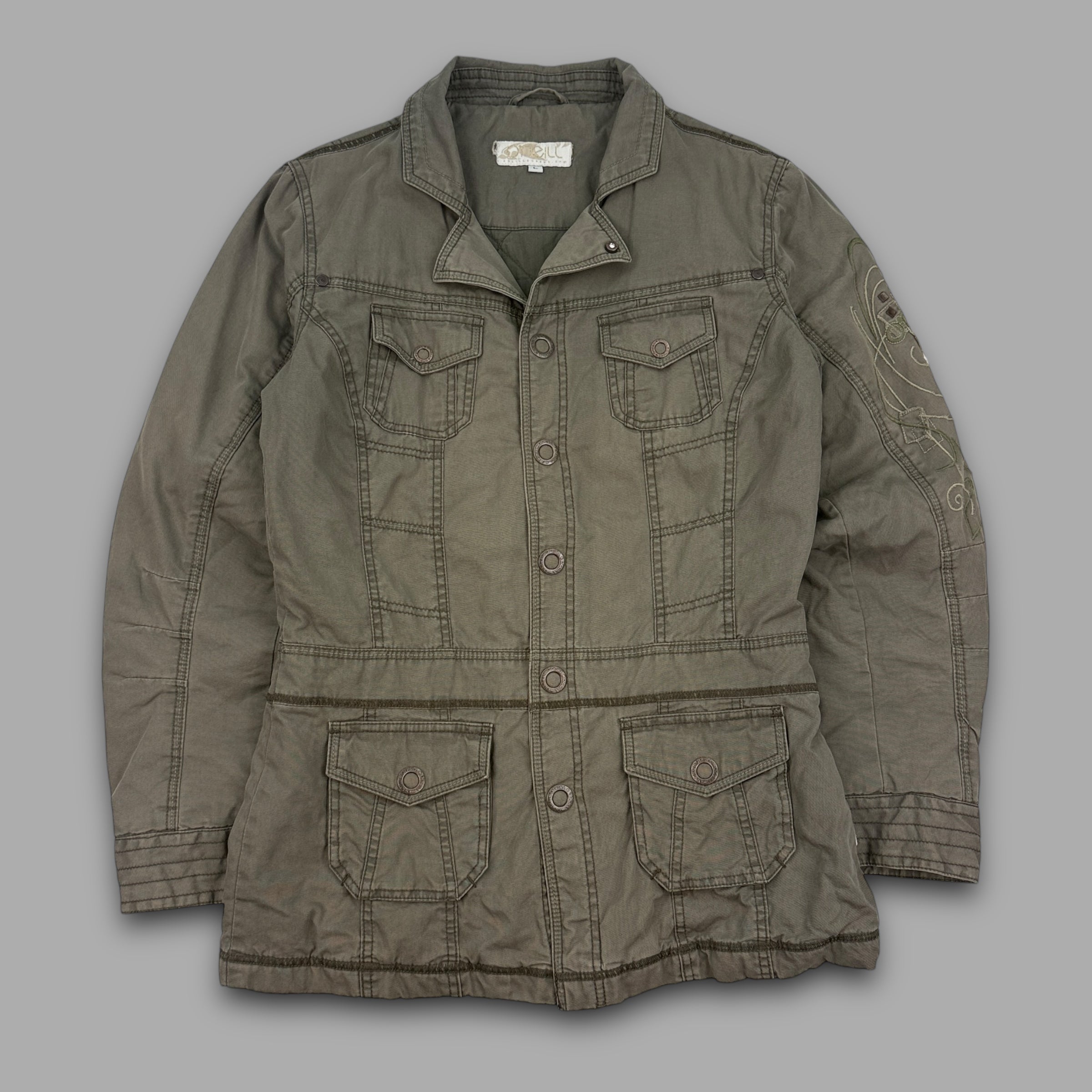 O'Neill 2000's multi-pocketed, pop button, embroidered utility jacket (L) wms