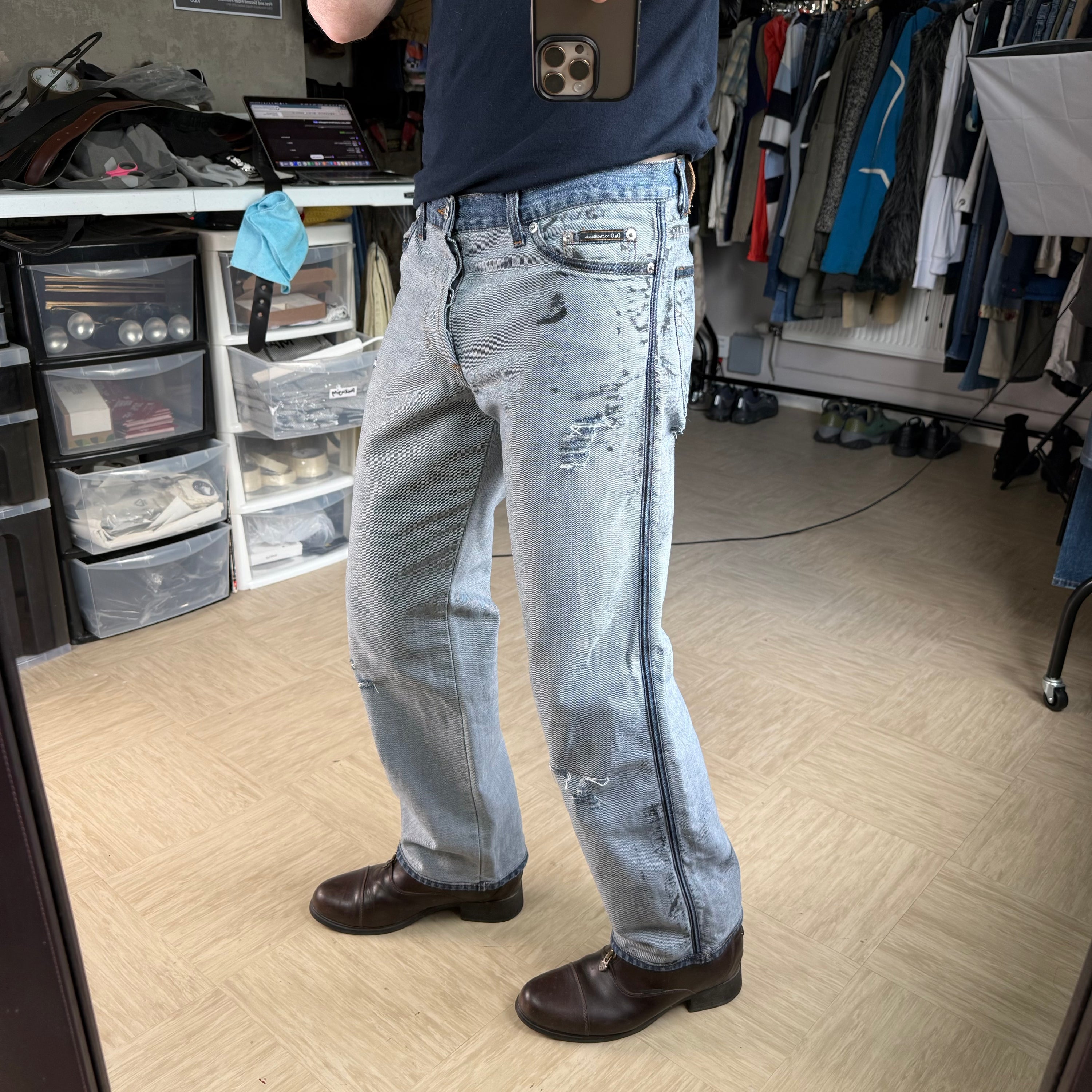 Dolce and gabanna 2002 distressed oil stained ‘inside out' denim jeans (S)