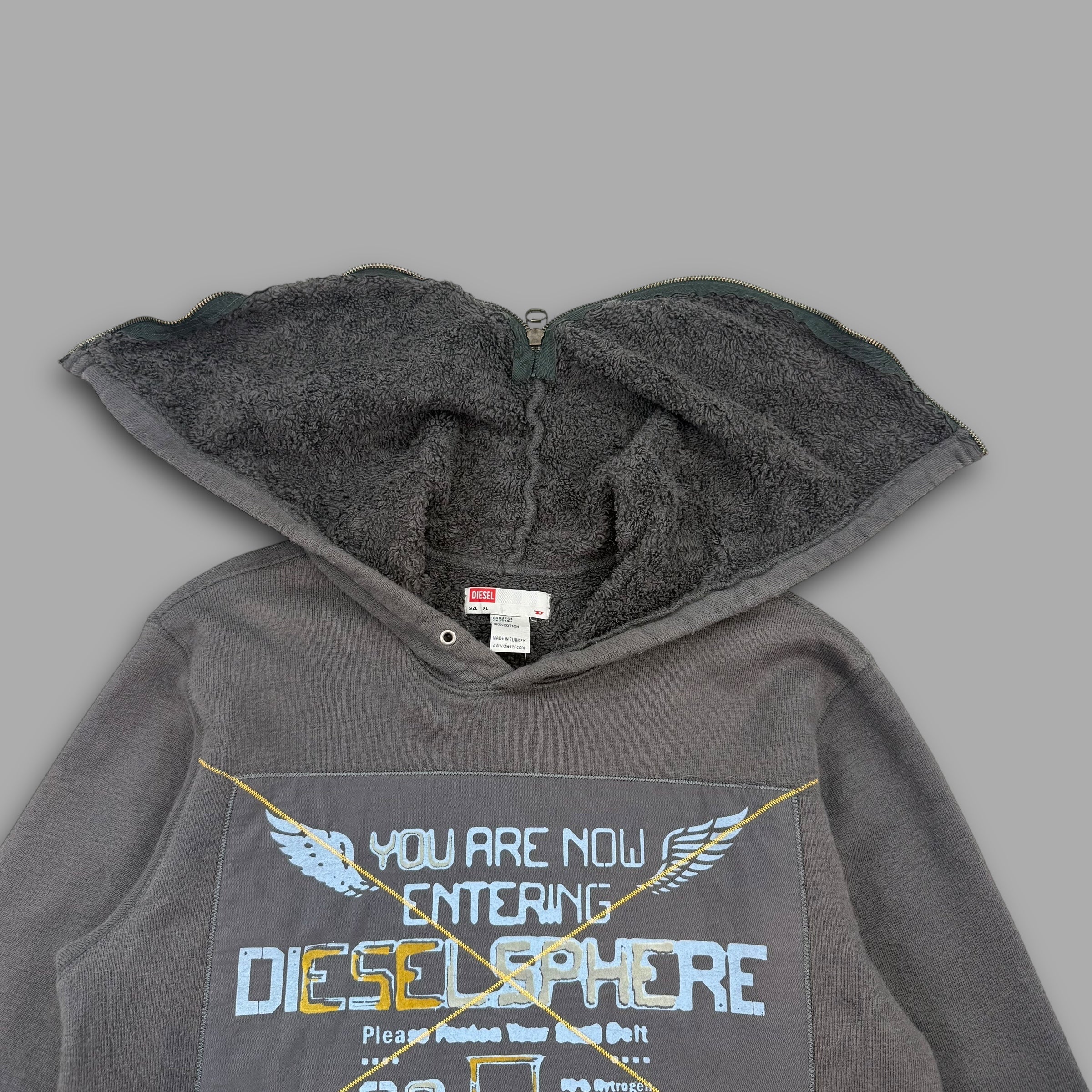 Diesel 2000's sherpa lined split hood pullover hoodie (M-XL)