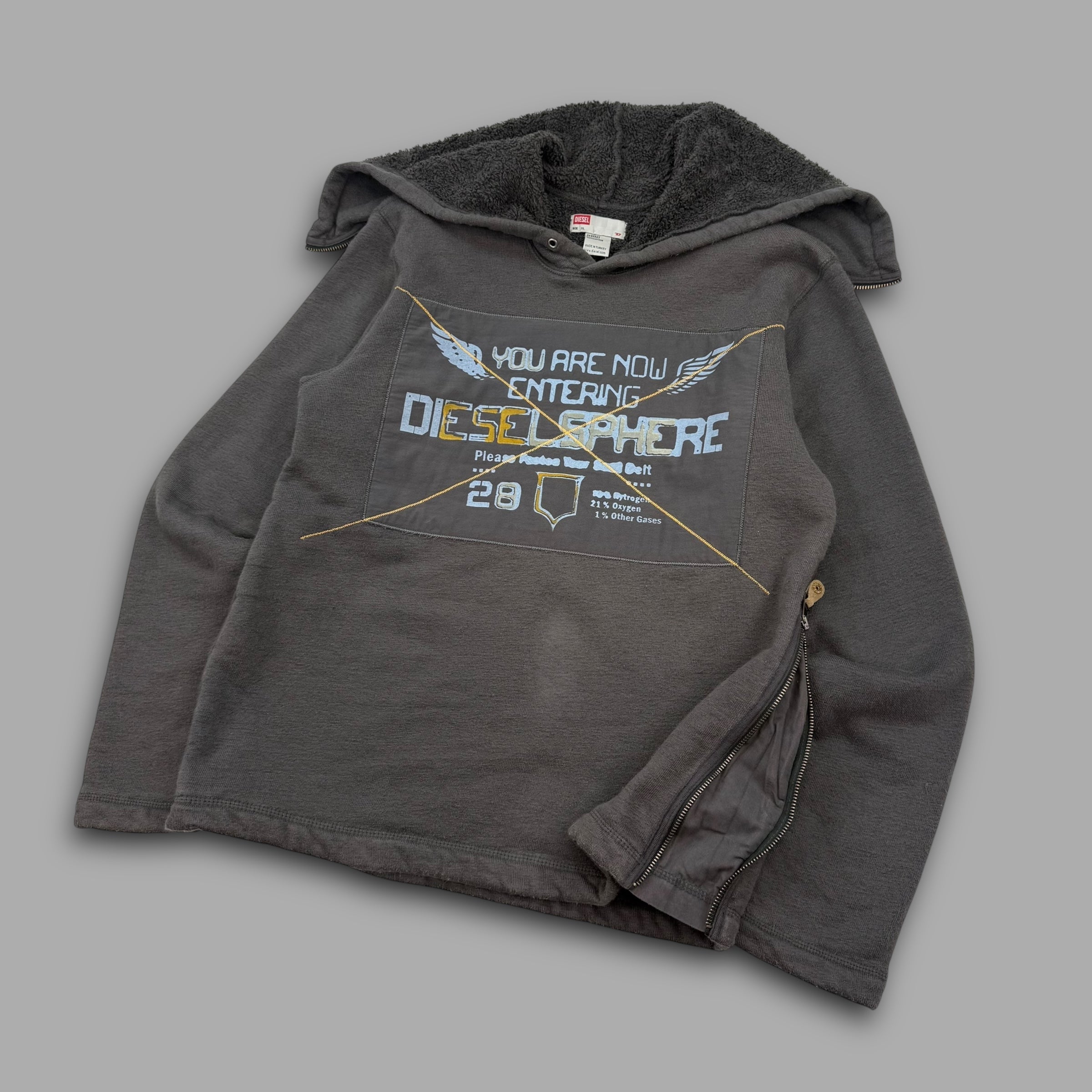 Diesel 2000's sherpa lined split hood pullover hoodie (M-XL)
