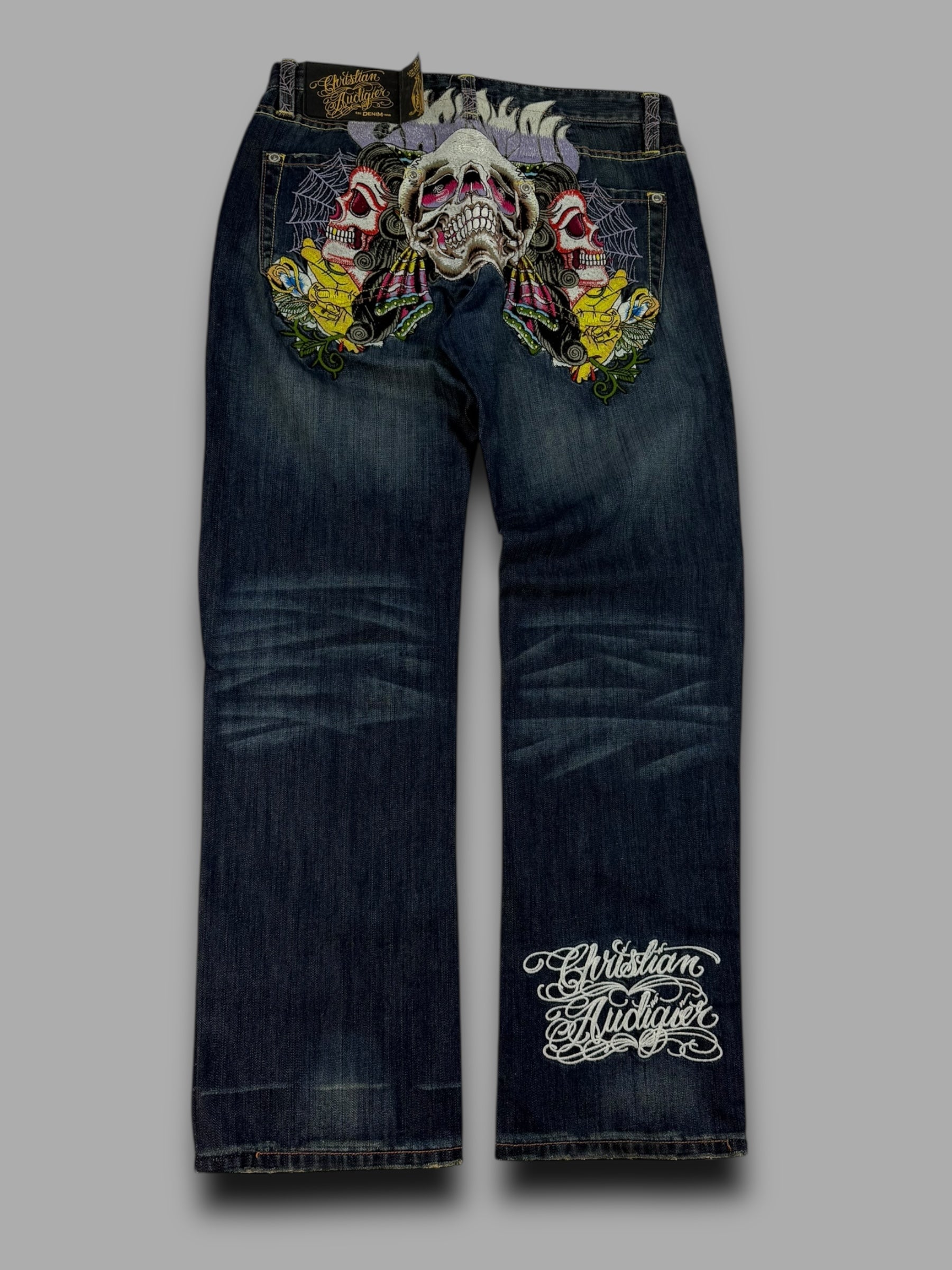 Christian Audegier 2000's graphic embroidered denim straight leg jeans (L)