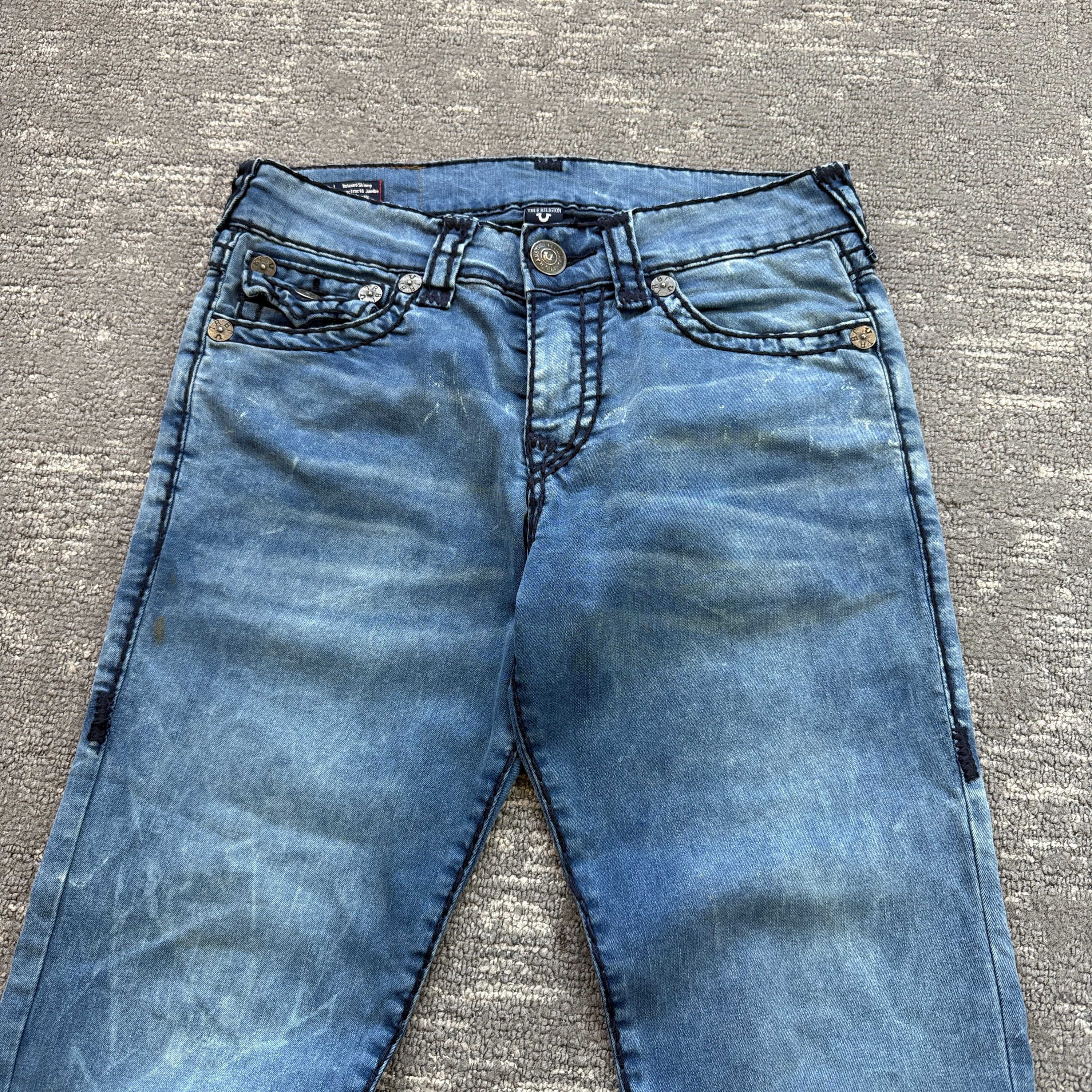 True religion 2000's rocco relaxed skinny contrast stitch washed denim jeans (S)