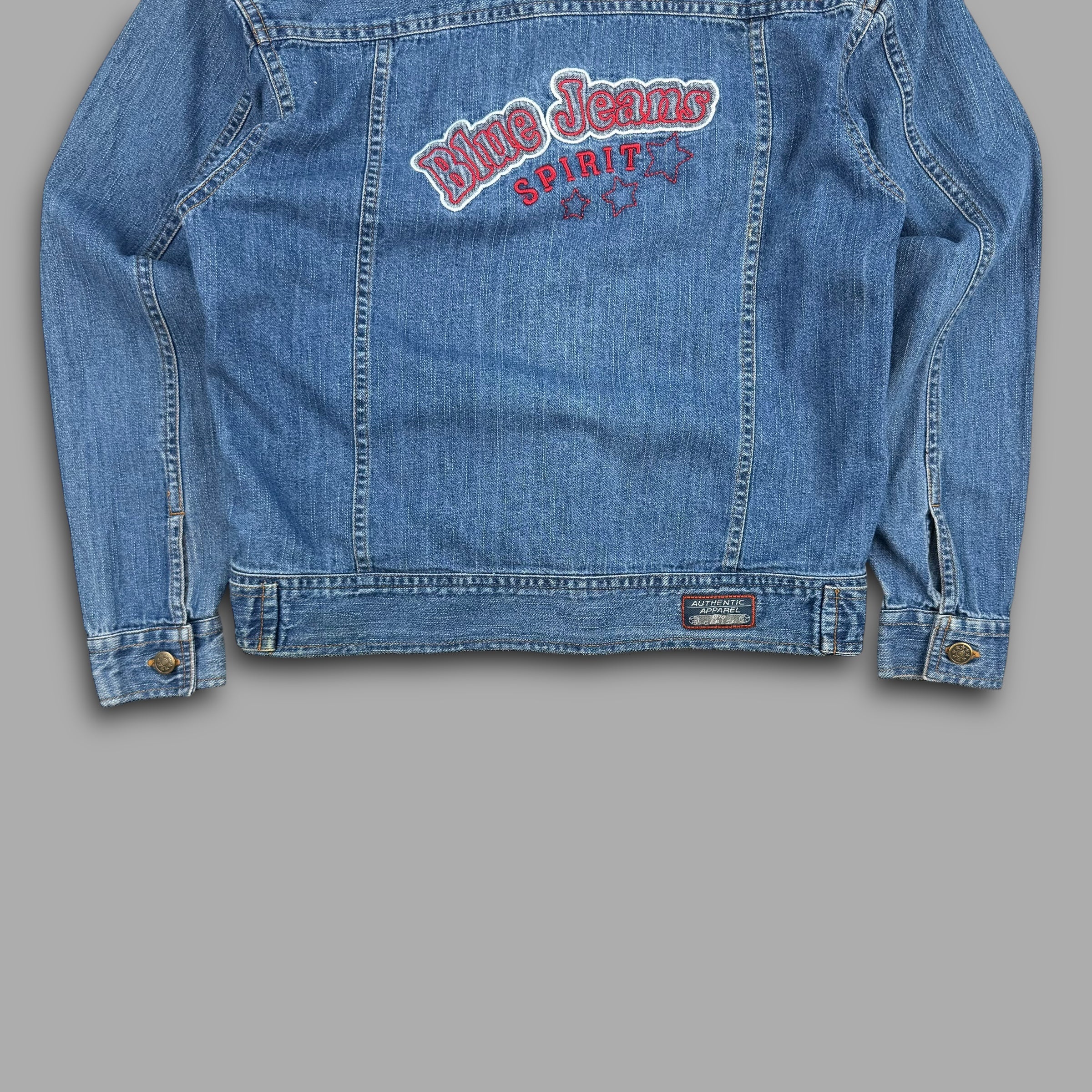 Cerisi Vintage 1980's blue jeans spirit denim shirt jacket with embroidered detailing on the back (S) wms