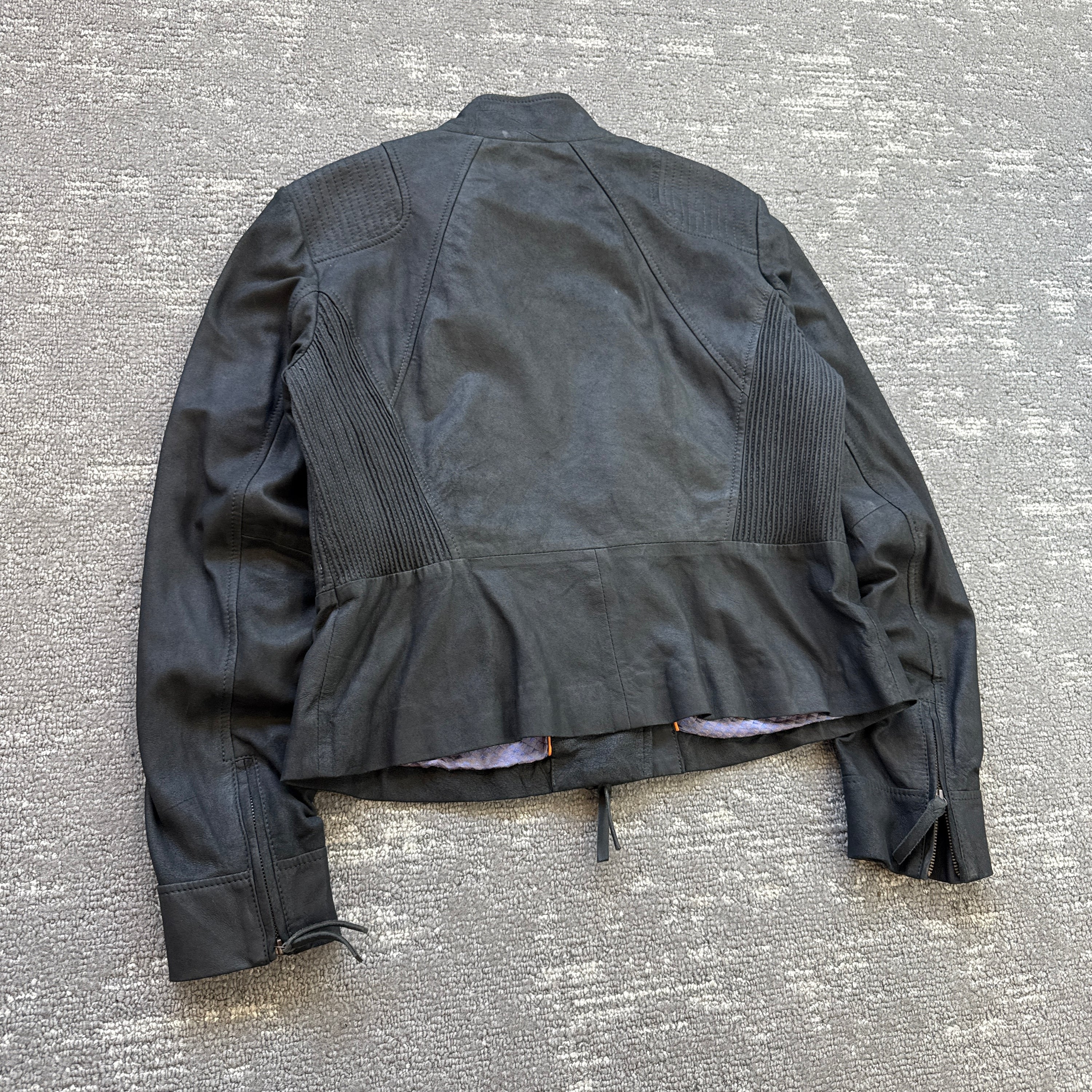 Hugo boss 2000's technical asymmetrical zip fitted goat leather biker jacket (S)