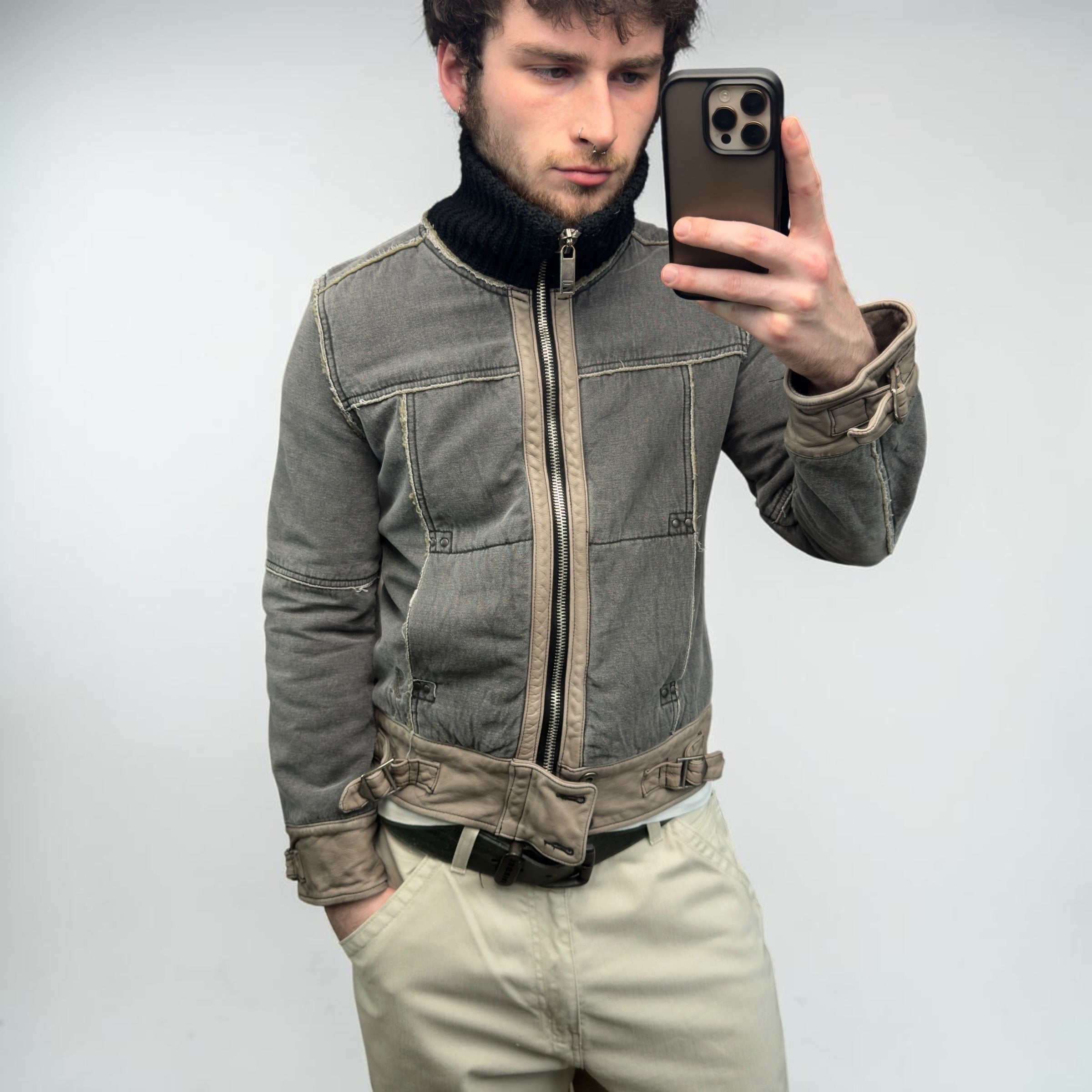 Diesel 2000's distressed panelled fitted high collar jacket (S)