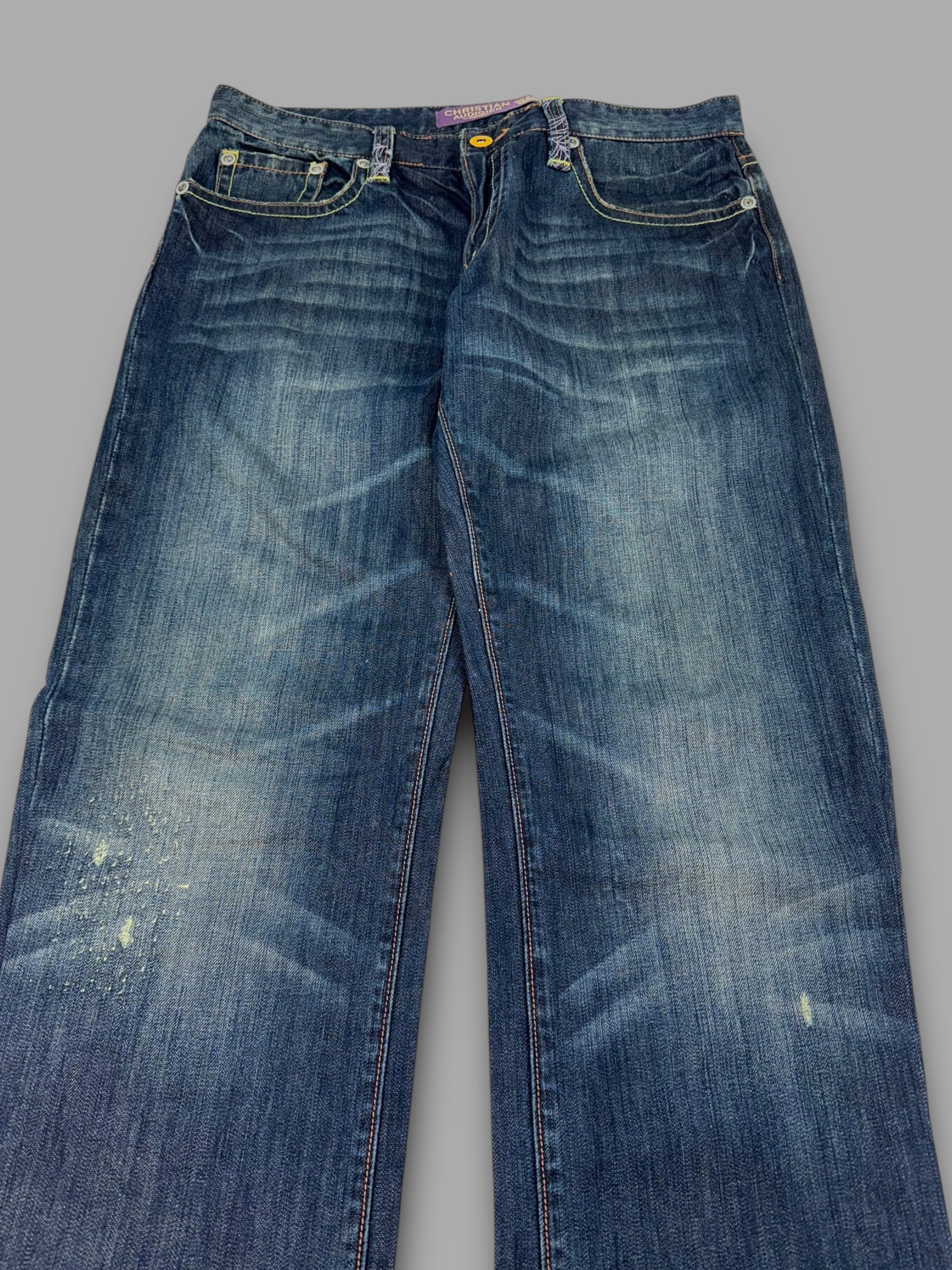 Christian Audegier 2000's graphic embroidered denim straight leg jeans (L)