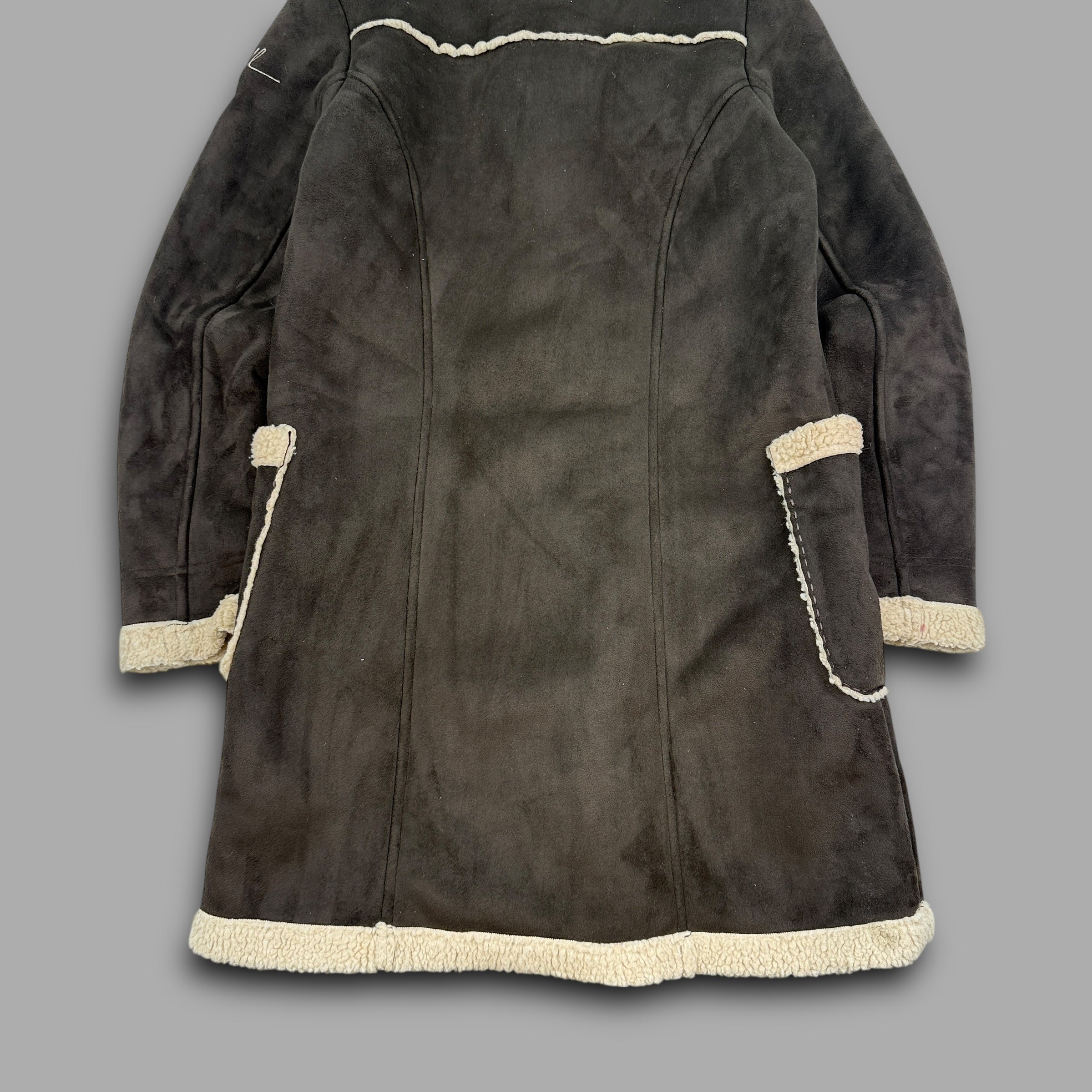O'Neill 2000's suede, fleece-lined, hooded duffle coat with embroidery near the pockets (S) wms